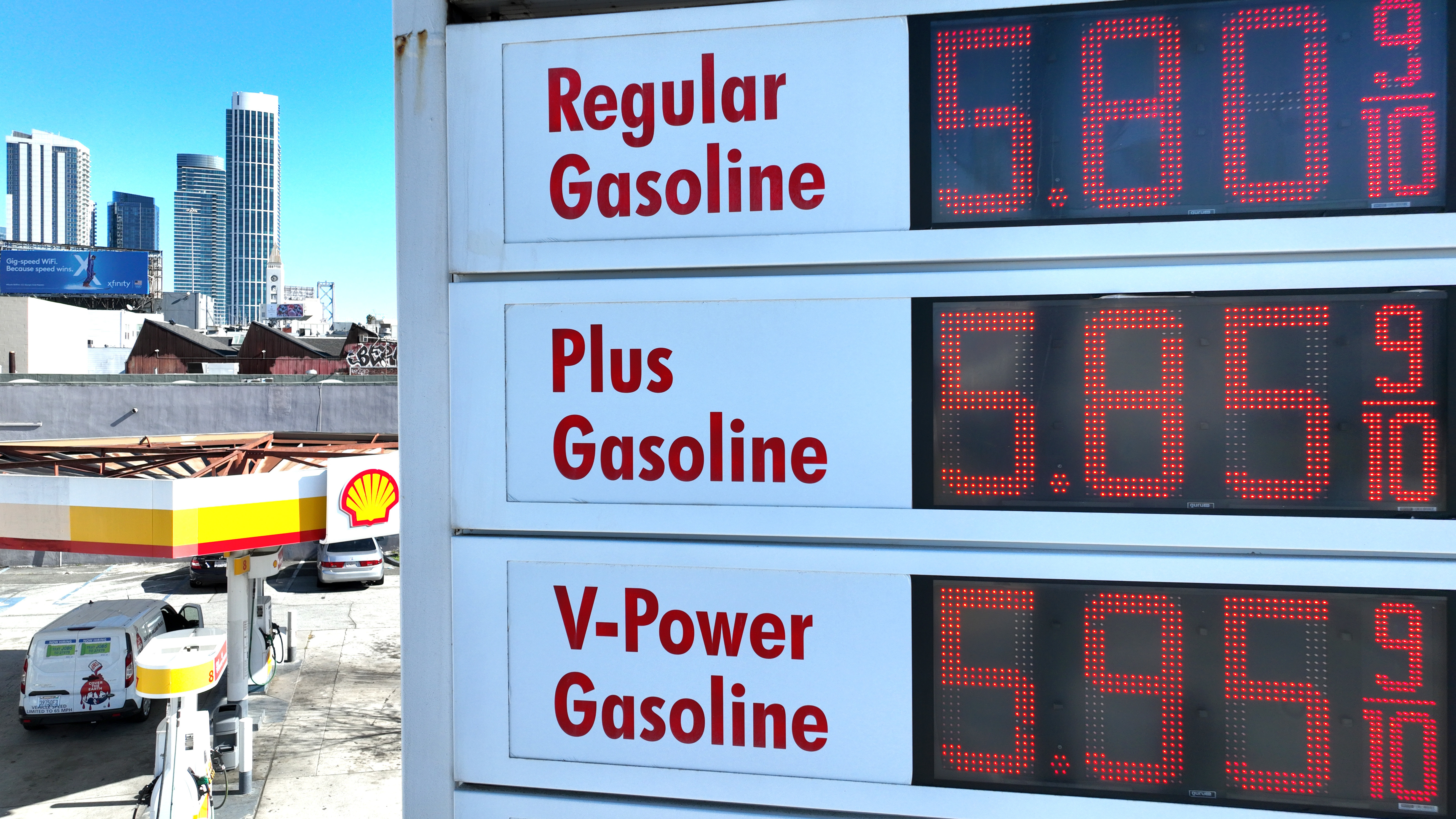 A sign shows gas prices at a Shell station in San Francisco on Feb. 23. Gas prices could rise further as crude prices surge following Russia