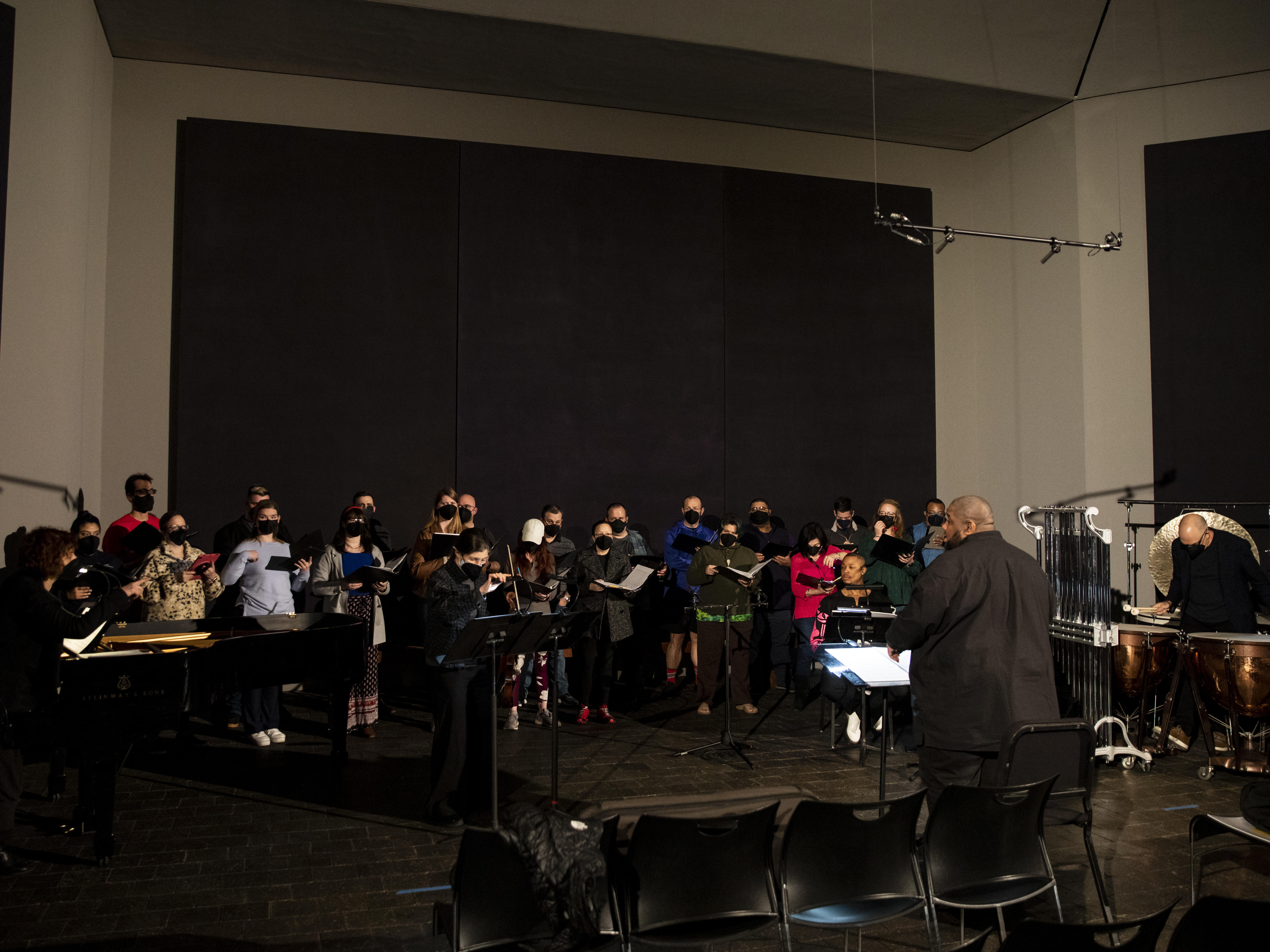 A rehearsal for Tyshawn Sorey's Monochromatic Light (Afterlife) at the Rothko Chapel.