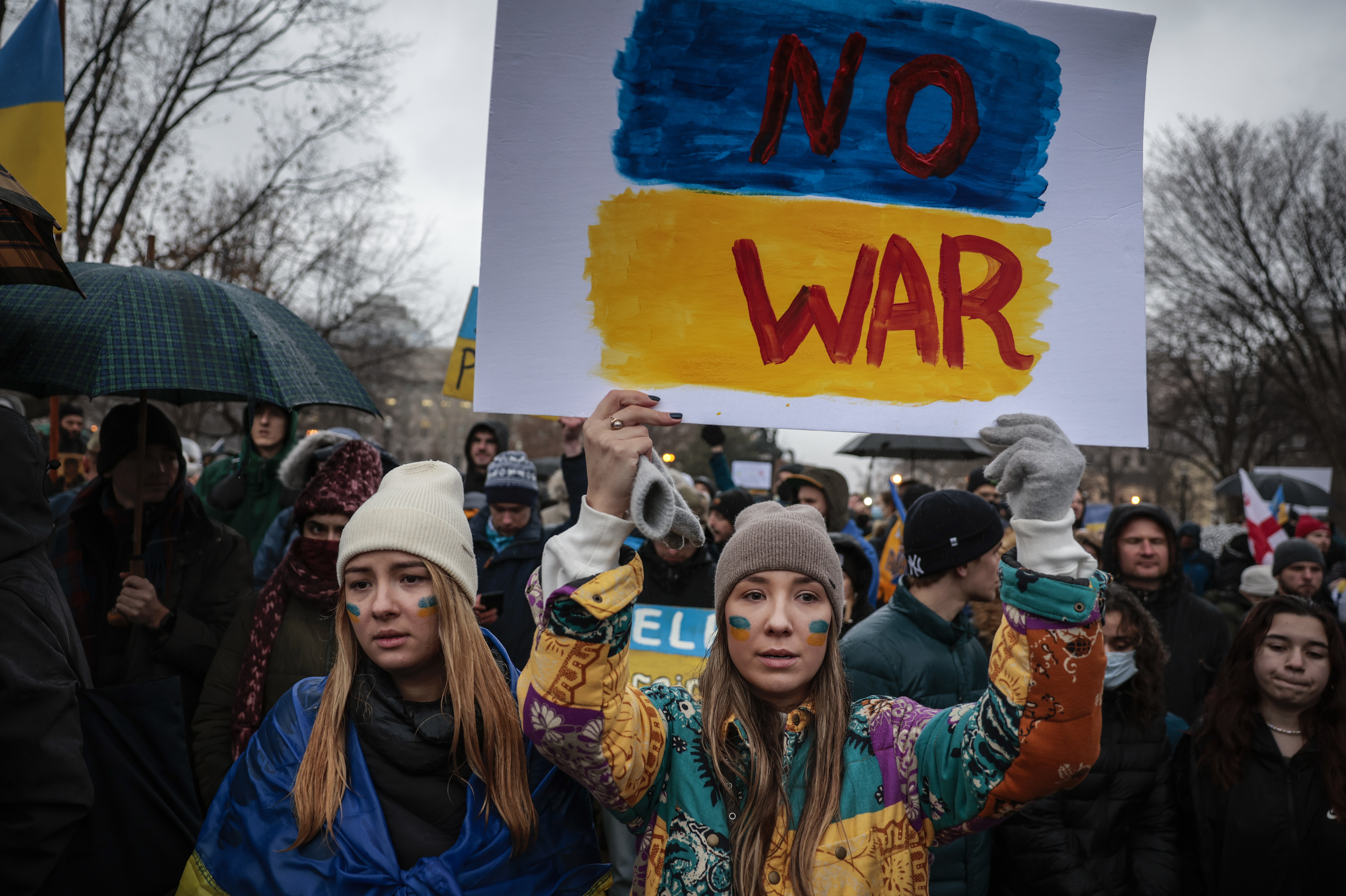 Anti-war demonstrators and Ukrainians living in the U.S. protest against Russia's military operation in Ukraine in Lafayette Park on February 24, 2022 in Washington, DC. Russian President Vladimir Putin launched a full-scale invasion of Ukraine on February 24th. (Anna Moneymaker/Getty Images)
