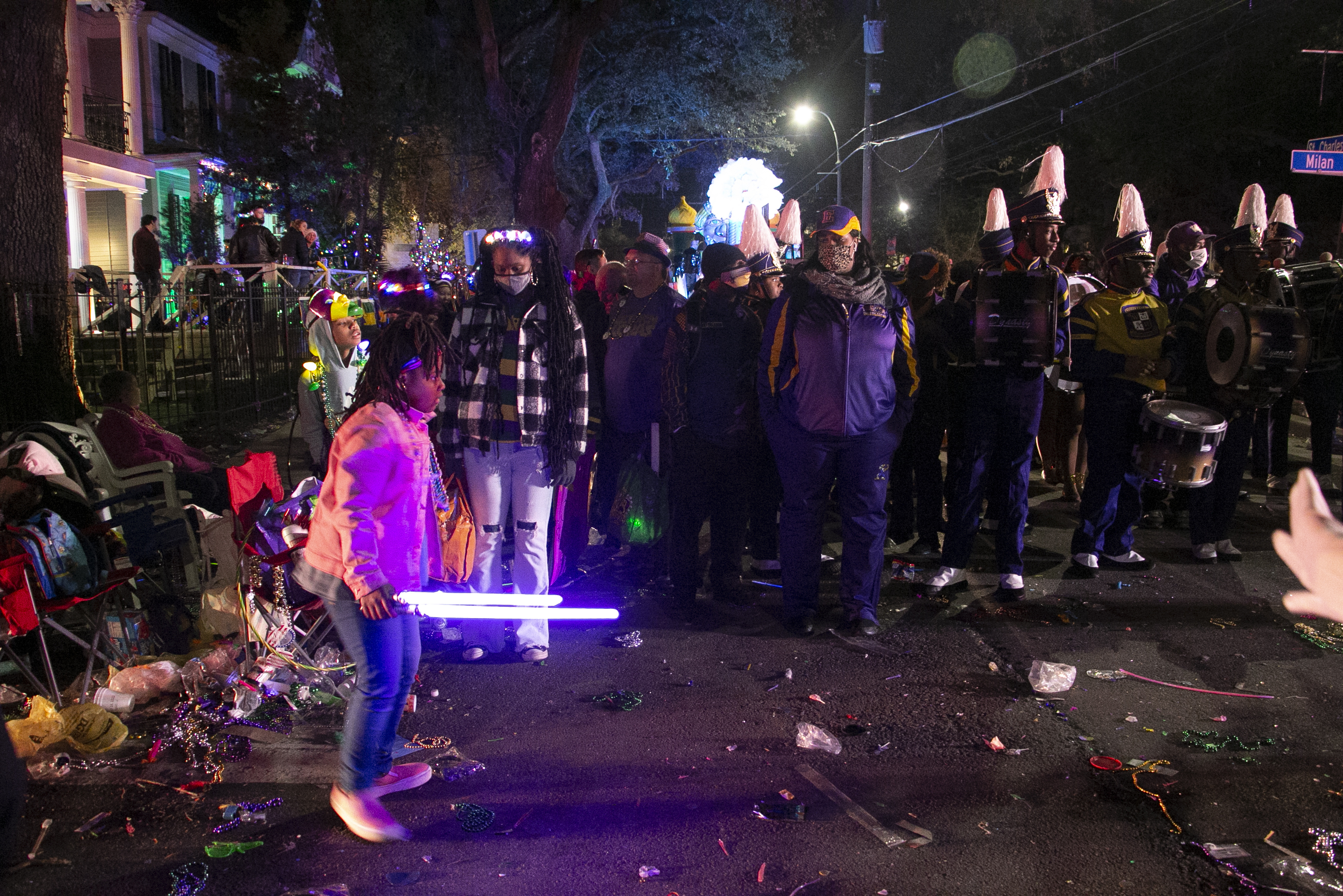 With the return of Mardi Gras marching bands, New Orleans' streets are full of magic 7 Children in the crowd along the three and half mile route grasped light-up and invisible drum sticks and played along to the beat.