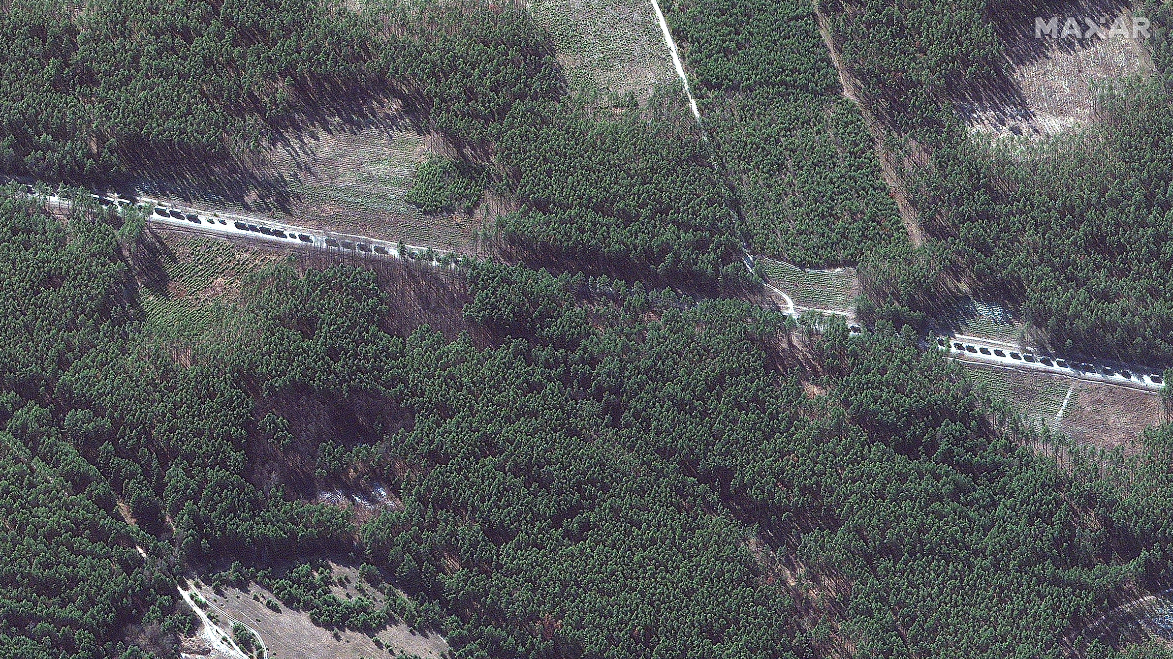 A satellite image captured Monday by Maxar Technologies shows a Russian military convoy southeast of Ivankiv, Ukraine.
