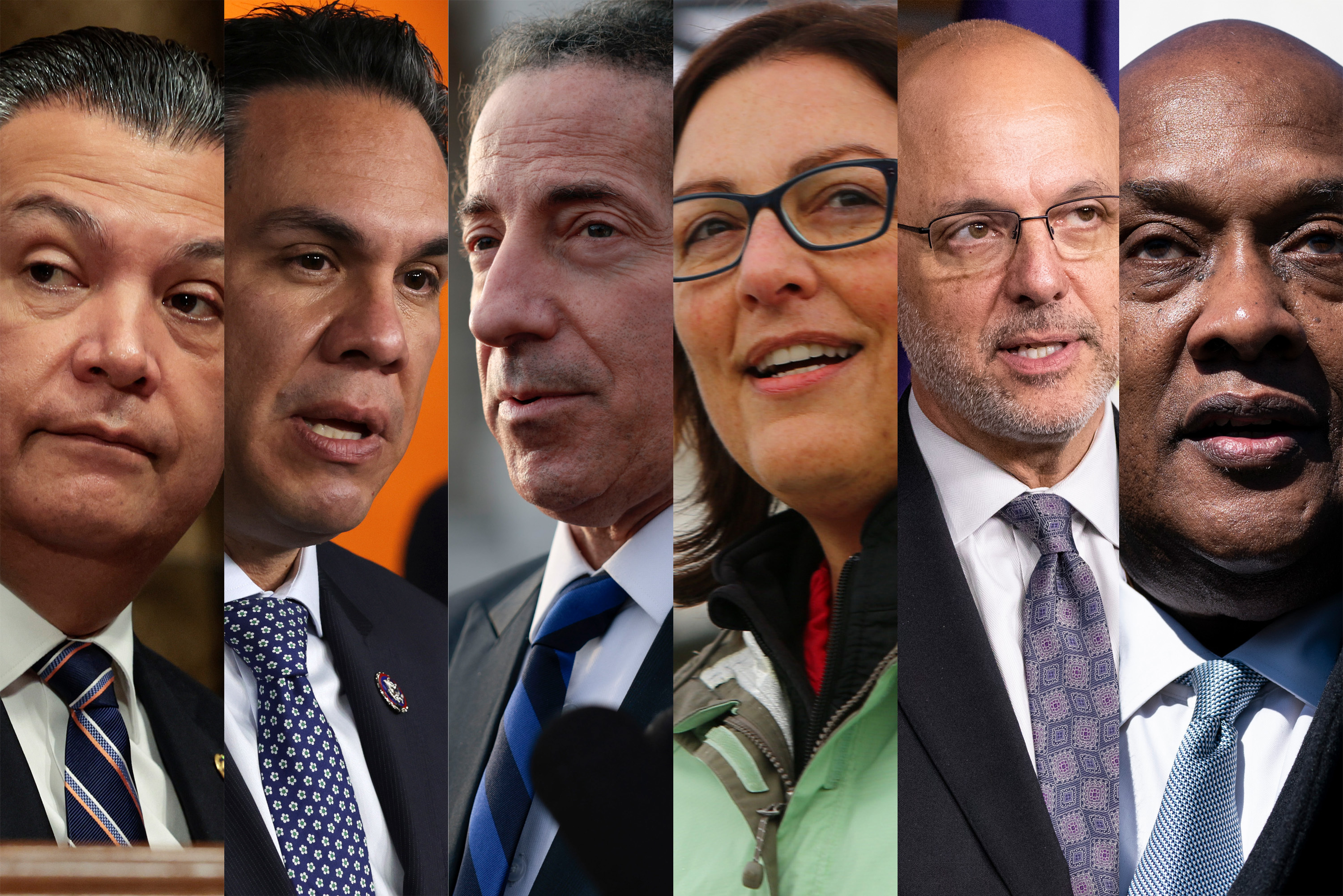 Sen. Alex Padilla, D-Calif. (from left); Rep. Pete Aguilar, D-Calif.; Rep. Jamie Raskin, D-Md.; Rep. Suzan DelBene, D-Wash.; Rep. Ted Deutch, D-Fla.; and Rep. Dwight Evans, D-Pa. (Anna Moneymaker/Getty Images; Alex Wong/Getty Images; Anna Moneymaker/Getty Images; Karen Ducey/Getty Images; Samuel Corum/Getty Images; Alex Brandon/AP)