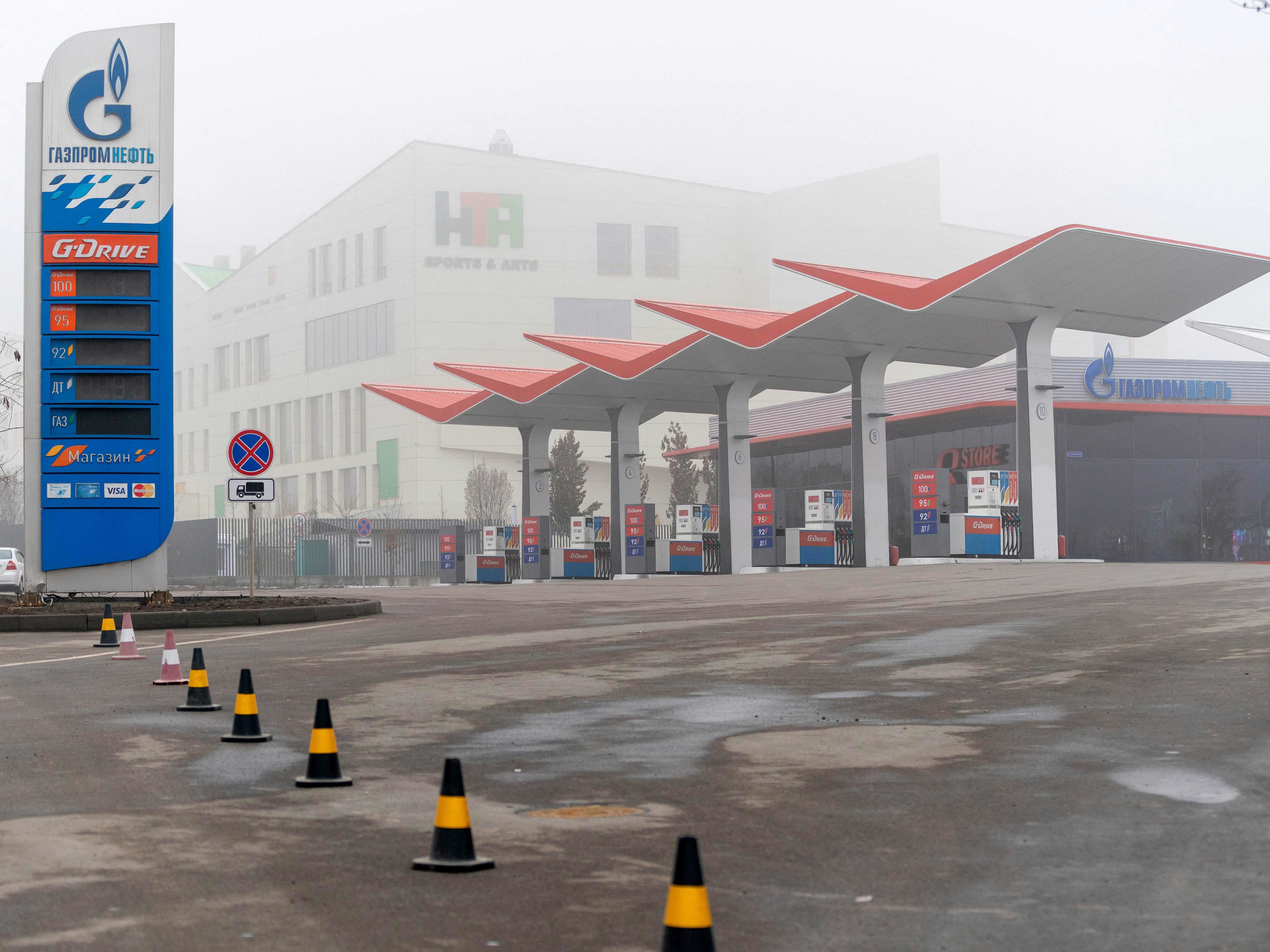 A closed Gazprom gasoline station is shown in Almaty, Kazakhstan, on Jan. 9. (AFP via Getty Images)