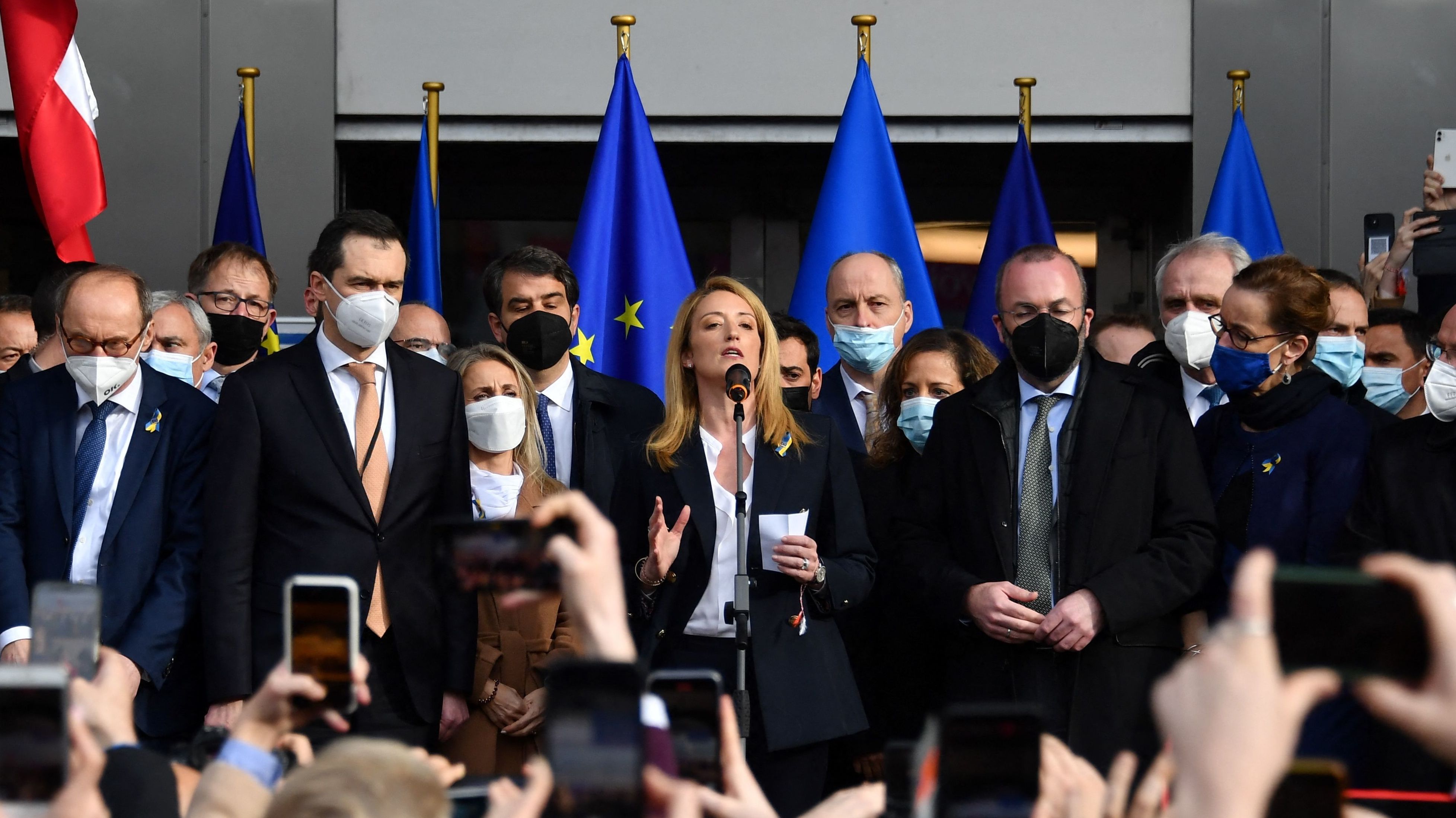 President of the European Parliament Roberta Metsola talks during a demonstration in front of European Parliament on Tuesday, after a special plenary session on the Russian invasion of Ukraine at the EU headquarters in Brussels.