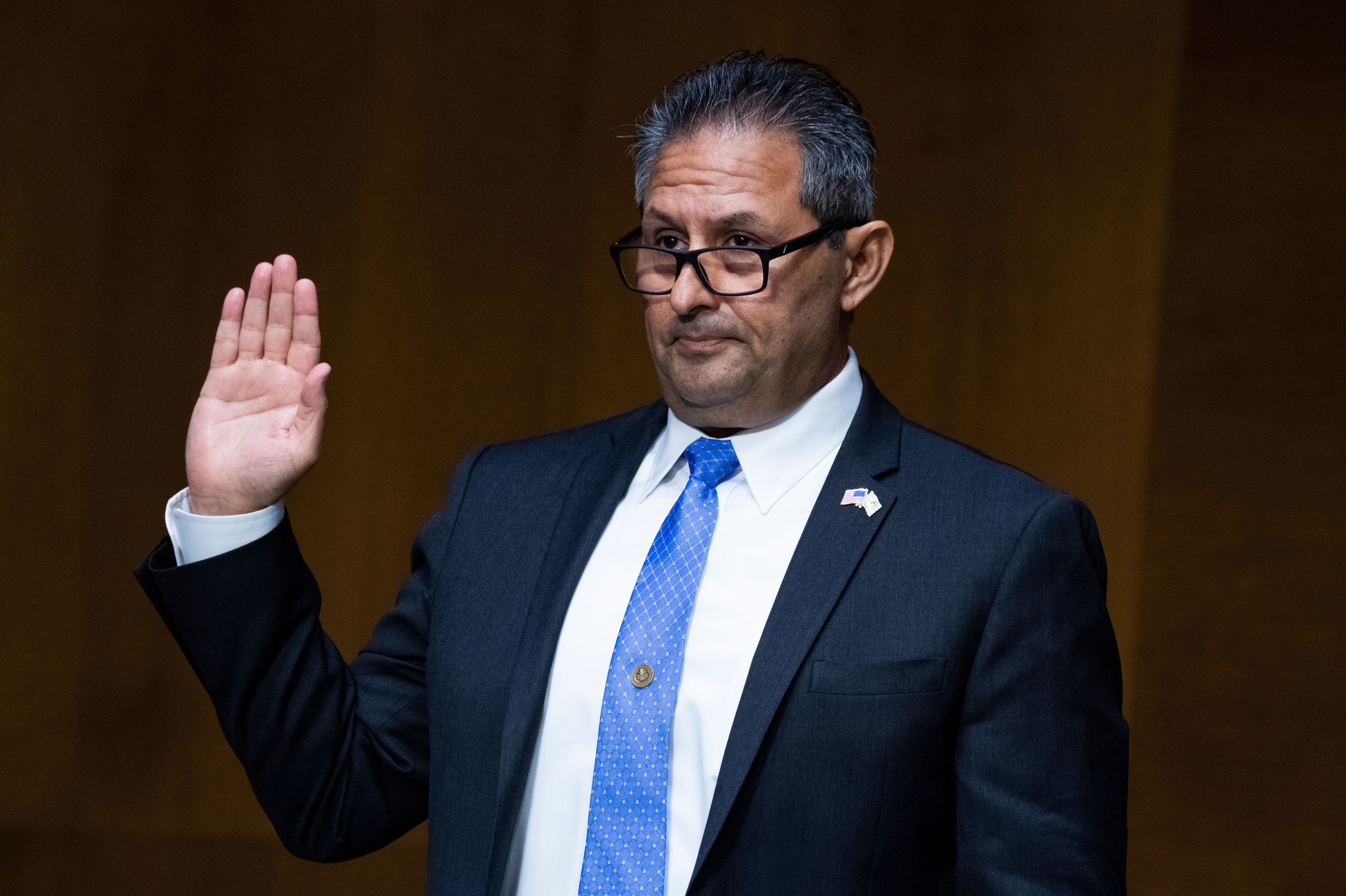 Michael Carvajal, director of the Federal Bureau of Prisons, is sworn in during the Senate Judiciary Committee hearing on June 2, 2020.
