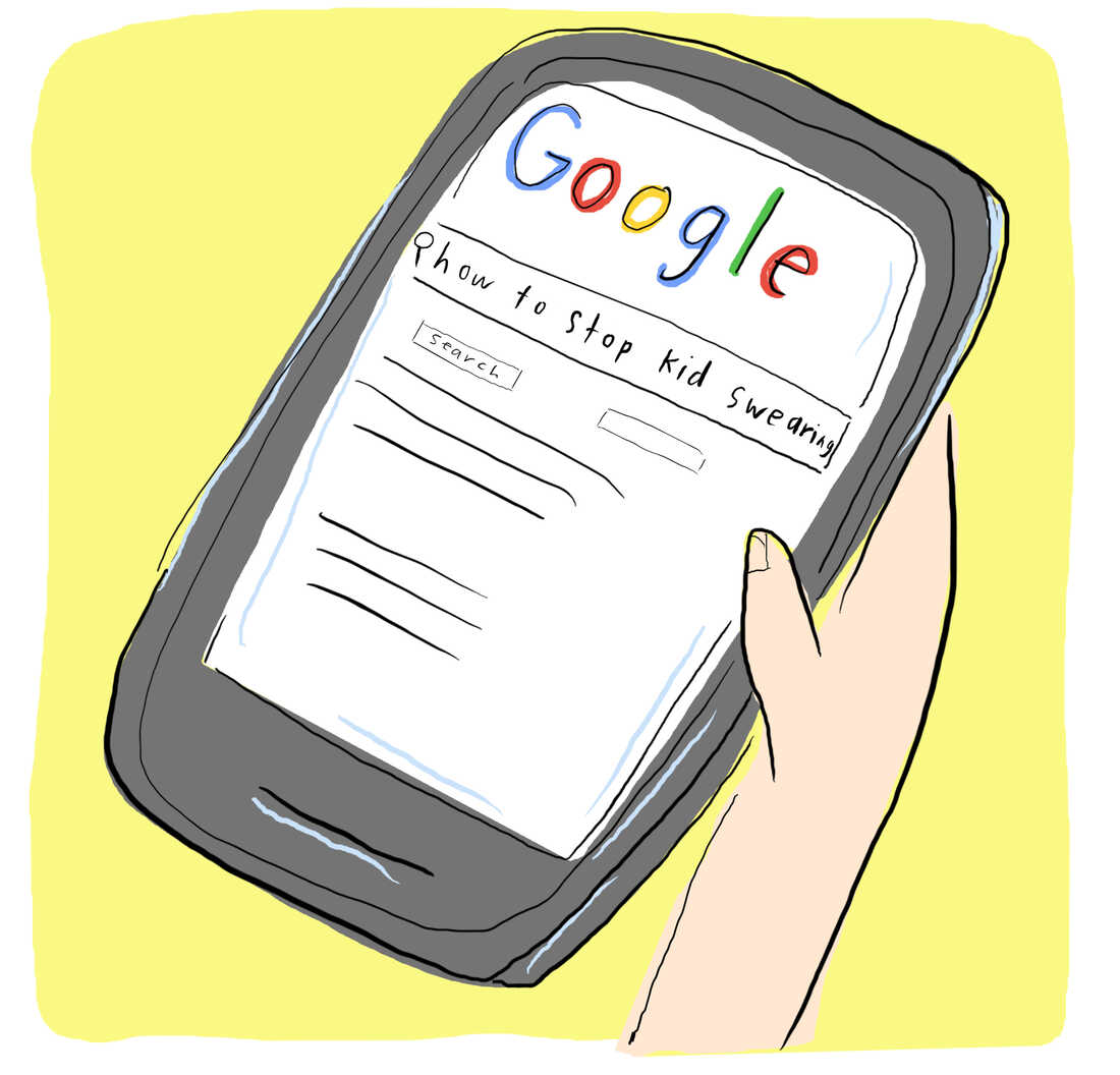 Farris holds her phone and on the screen is the Google homepage search interface.  Farris entered "How to stop a child from swearing?".