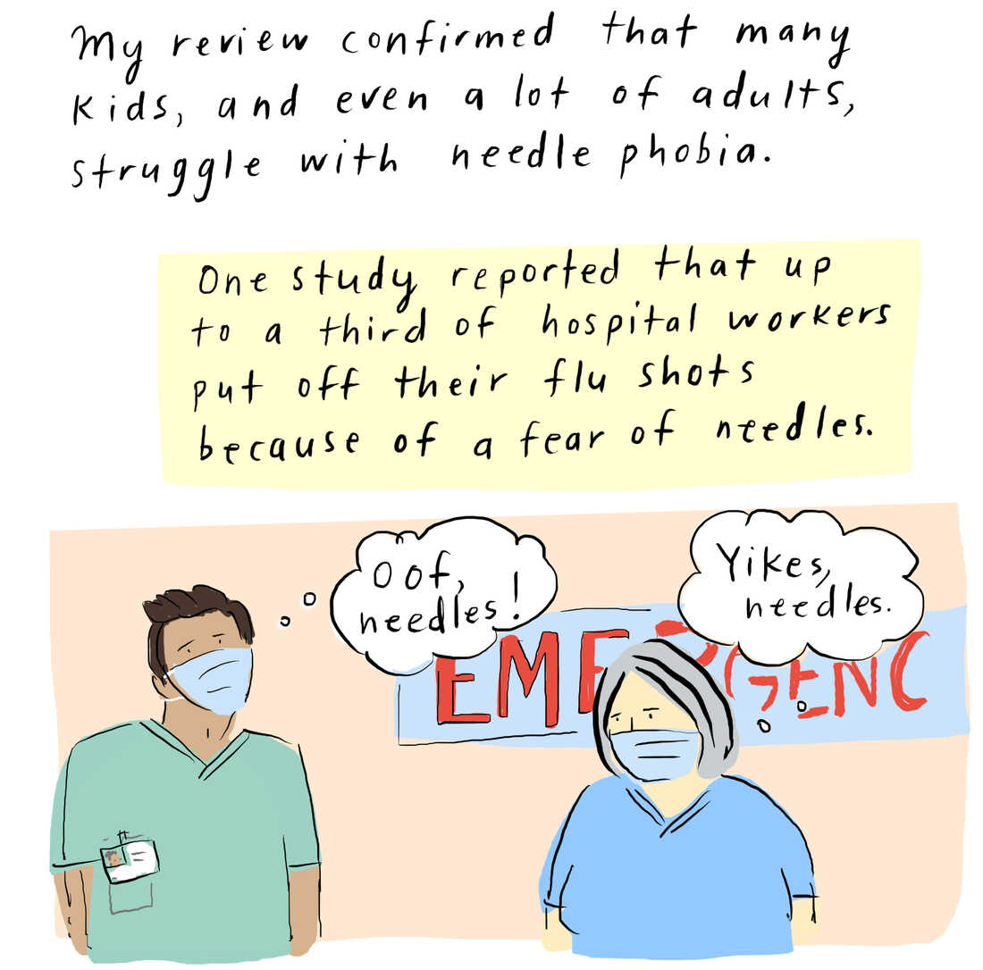 My assessment confirms that many children, and even a lot of adults, struggle with needle phobia.  One study reported that up to one-third of hospital staff abandoned flu shots because of fear of needles.  Two medical staff with a pensive expression in the emergency room.  One is thinking, "Oof, needles!" Others are thinking, "Oops, needles."