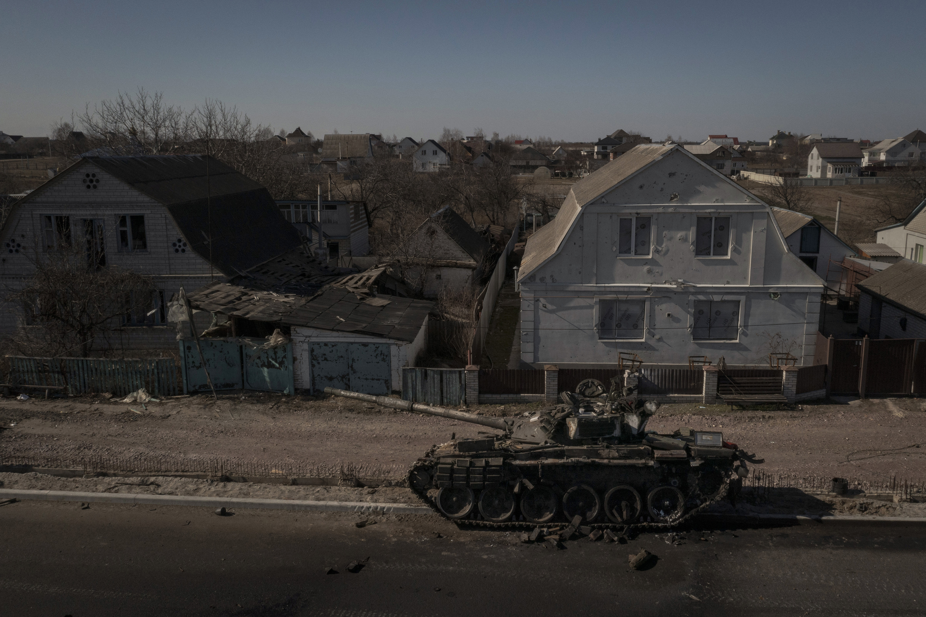 March 10: A tank sits destroyed after battles between Ukrainian and Russian forces on a main road near Brovary, north of Kyiv.