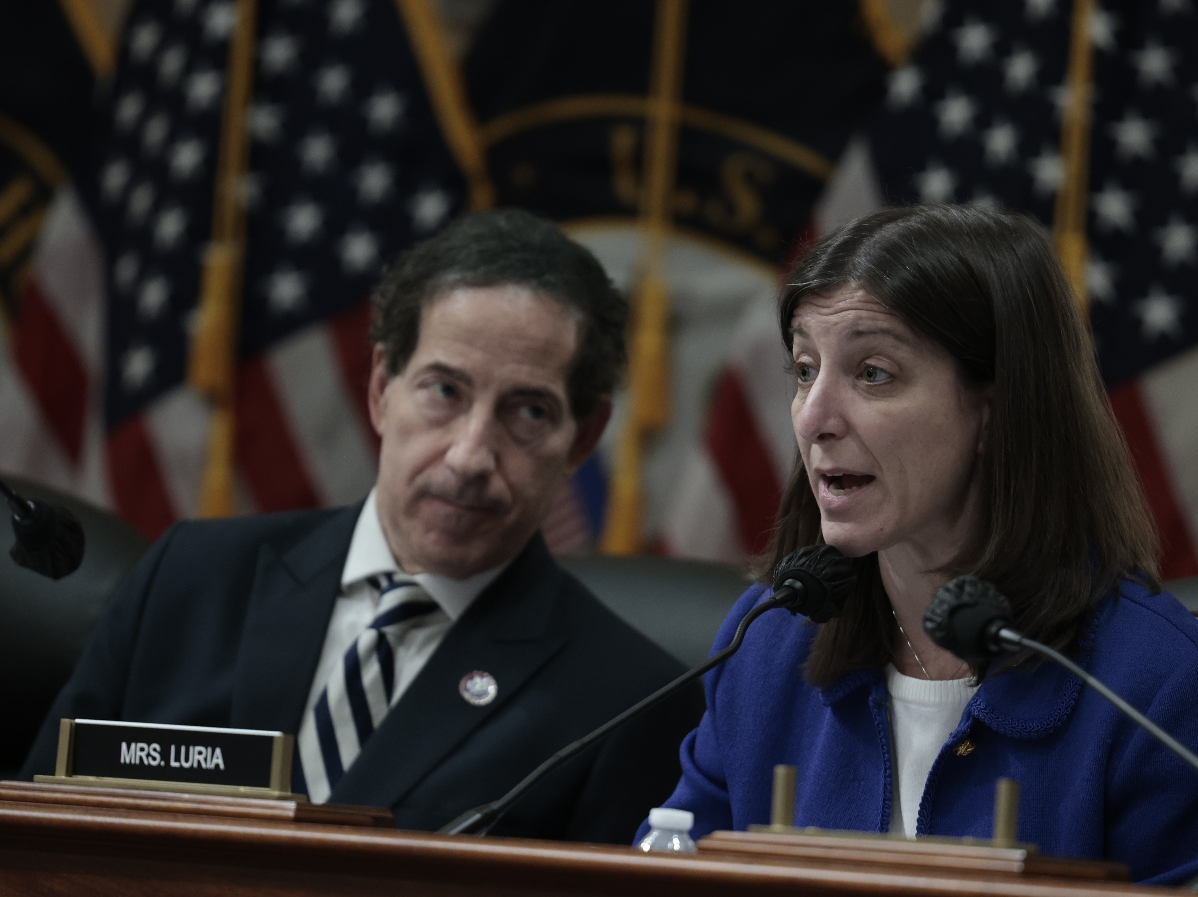 Rep. Jamie Raskin, D-Md., listens as Rep. Elaine Luria, D-Va., speaks during a business meeting with the select committee investigating the Jan. 6 attack, on Capitol Hill on Dec. 13, 2021. The committee is looking into who funded the rally and other events preceding the deadly attack.
