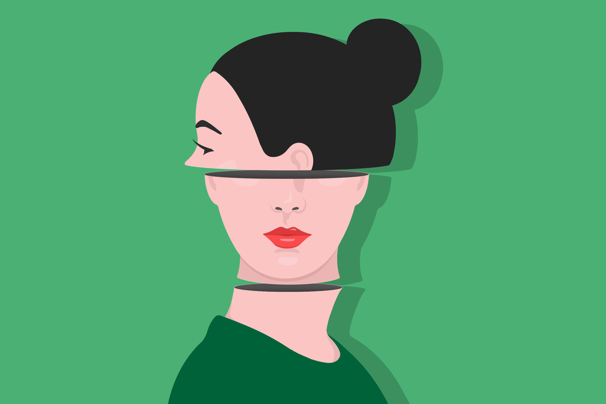 Illustration of a woman from the shoulders up. Her shoulders face the right side of the frame, the bottom half of her face faces the viewer and the top half of her head faces "backwards" to the left side of the frame.