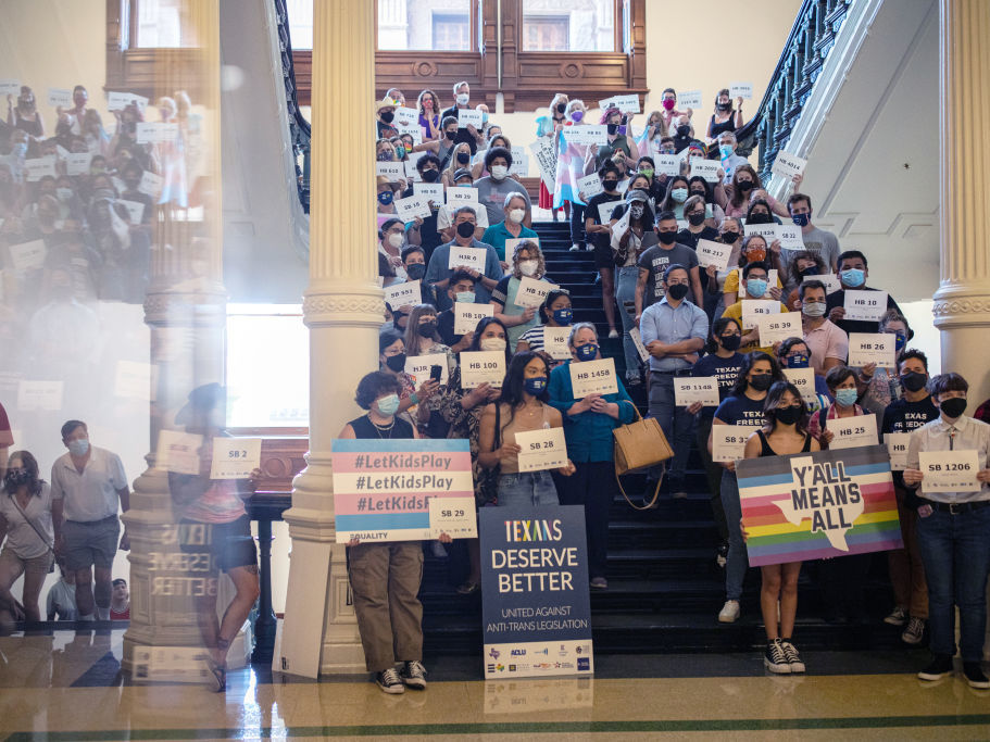 LGBTQ rights supporters gather in September, 2021, at the Texas State Capitol to protest anti-trans legislation. (Getty Images)
