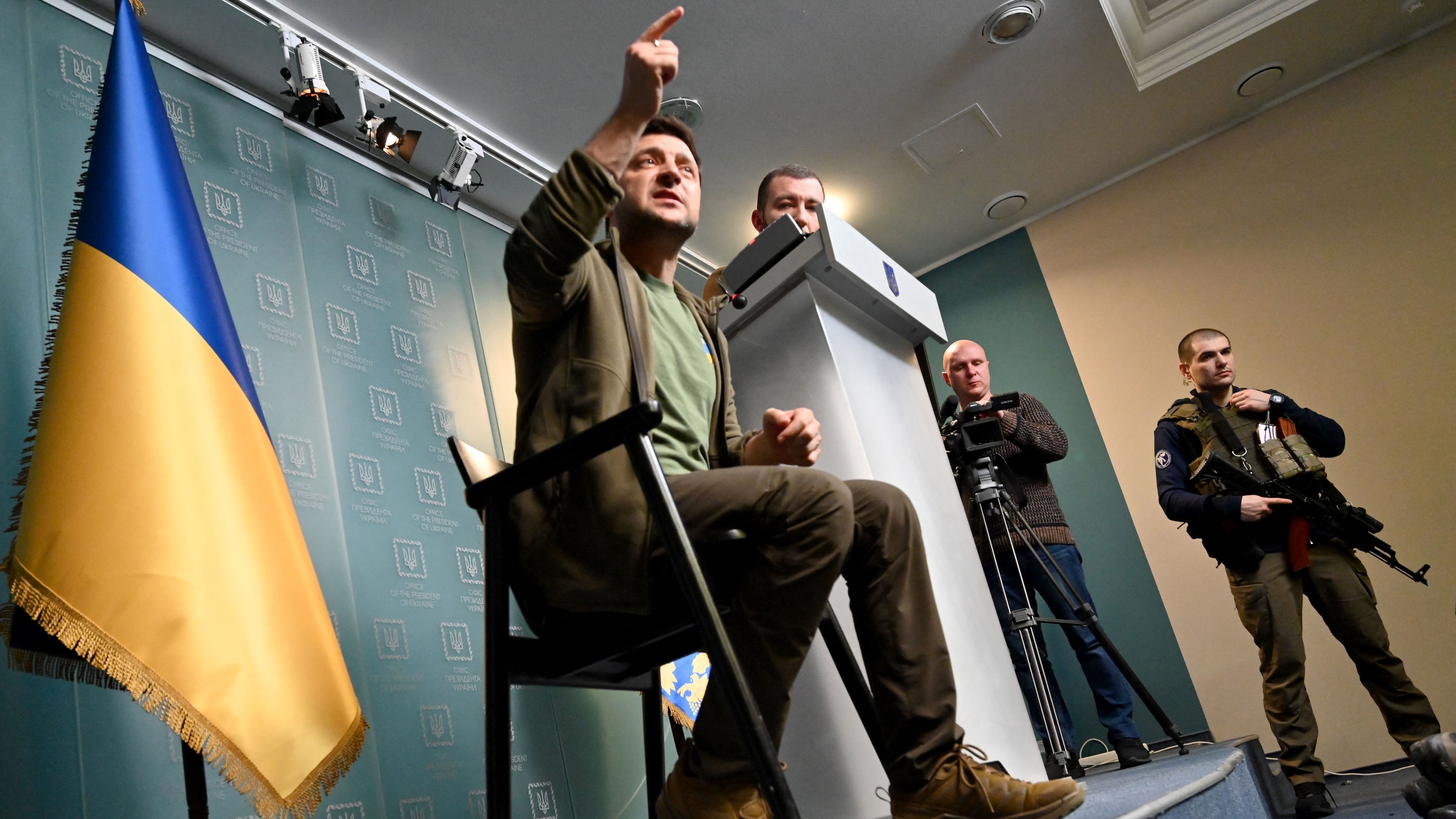 Ukrainian President Volodymyr Zelensky gestures as he speaks during a press conference in Kyiv on March 3, 2022.