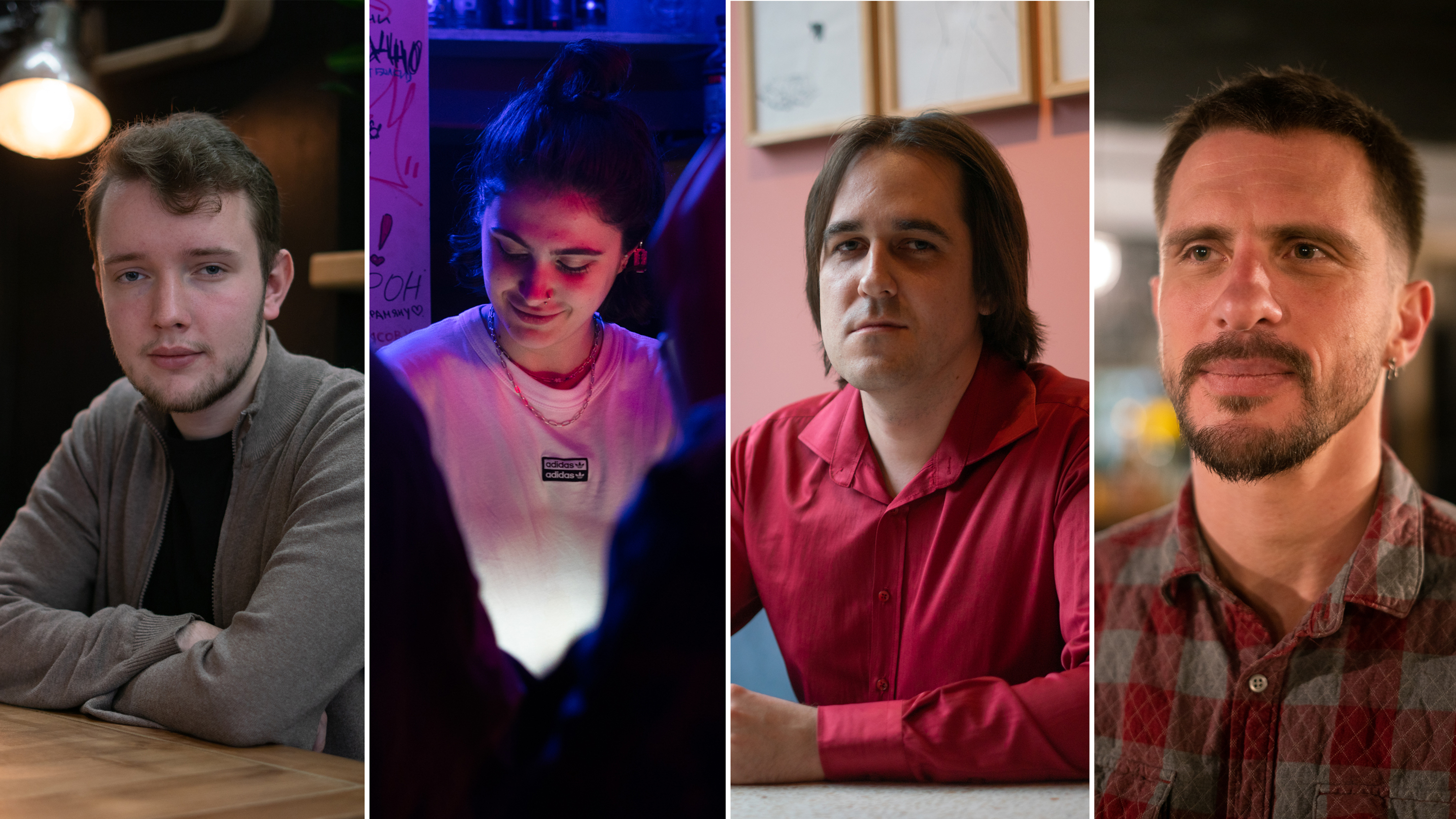 Left to right: Alexey Voloshinov, 20, Nastasya Dubovitskaya, 23, Leonid Kabanov, 30, and Lev Kalashnikov, 35, are all Russians who are living in Tbilisi, Georgia, after leaving their country in recent weeks. (NPR)