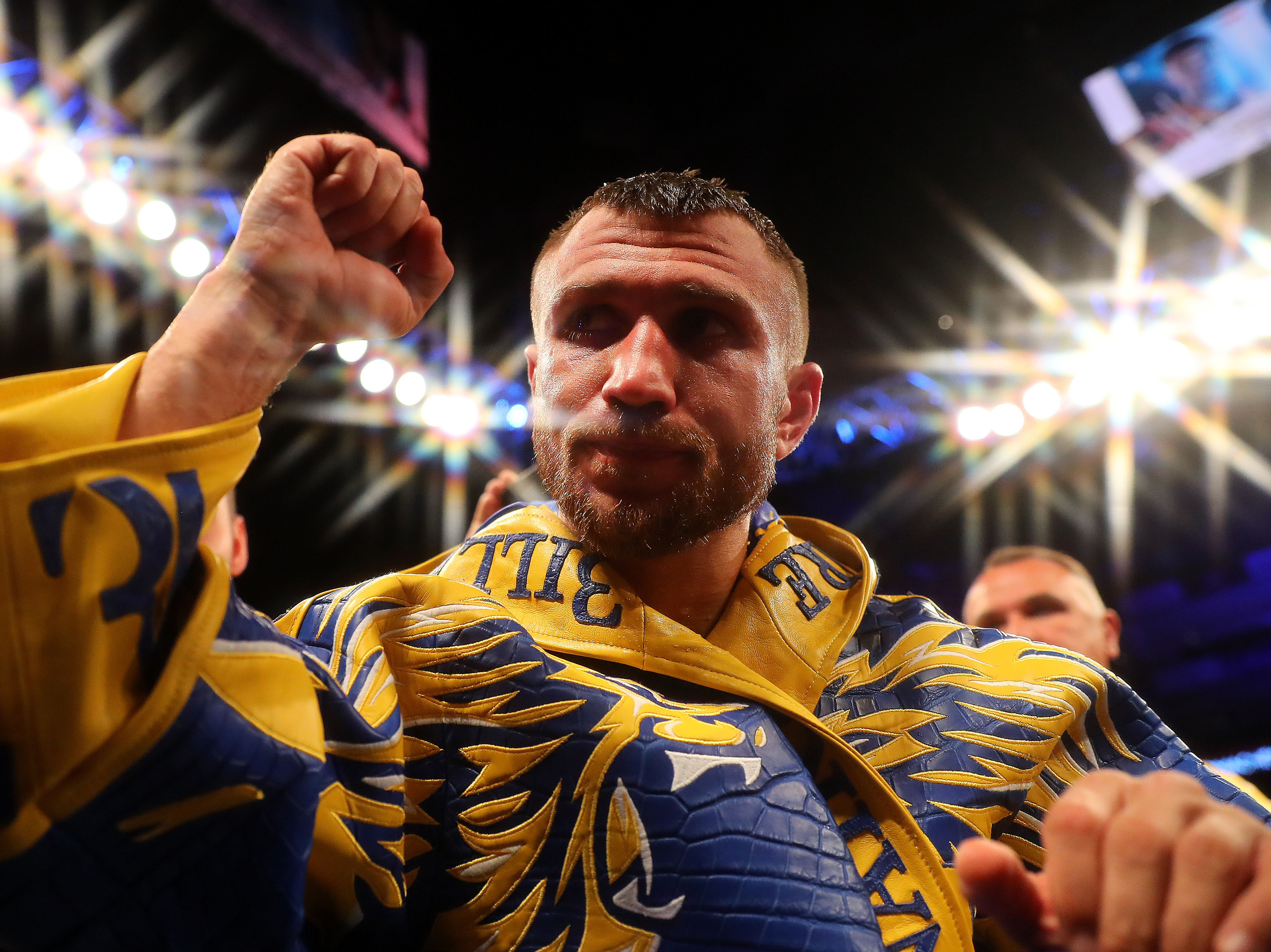 Vasiliy Lomachenko exits the arena after winning the WBA, WBO, WBC Lightweight World Title contest in 2019 in London. (Getty Images)