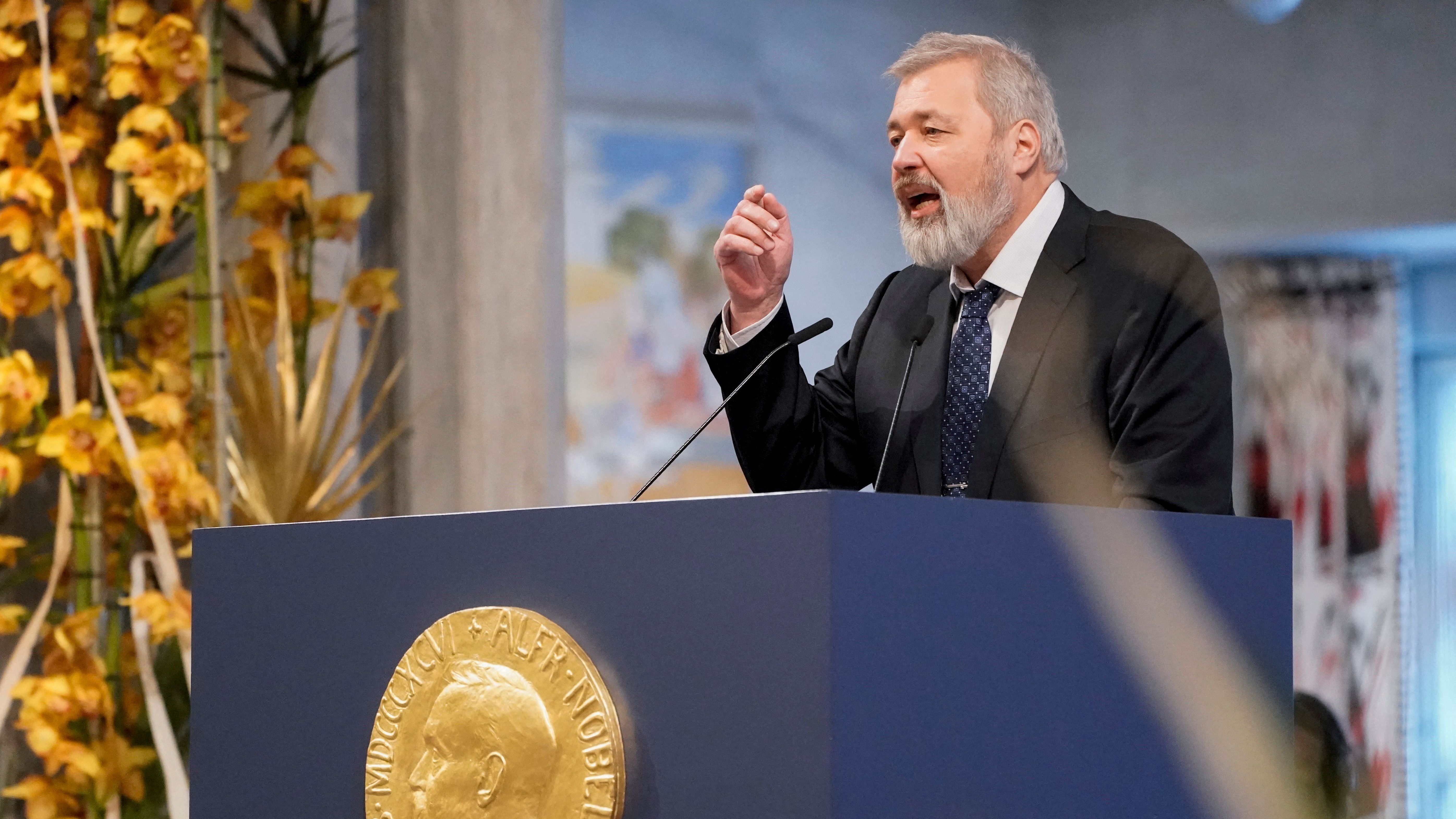 Nobel Peace Prize laureate Dmitry Muratov of Russia speaks during the gala award ceremony for the Nobel Peace prize on Dec. 10, 2021, in Oslo.