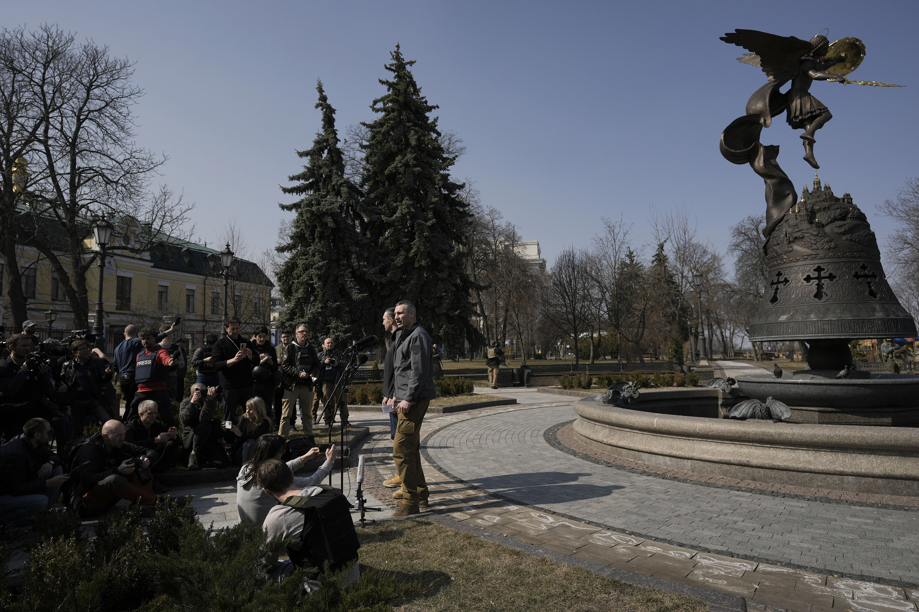 March 23: Kyiv Mayor Vitali Klitschko, standing at right, speaks during a press conference next to his brother, former heavyweight boxing world champion Wladimir Klitschko, in Kyiv. The mayor said 264 civilians had been killed by Russian bombardments on the capital, including four children.