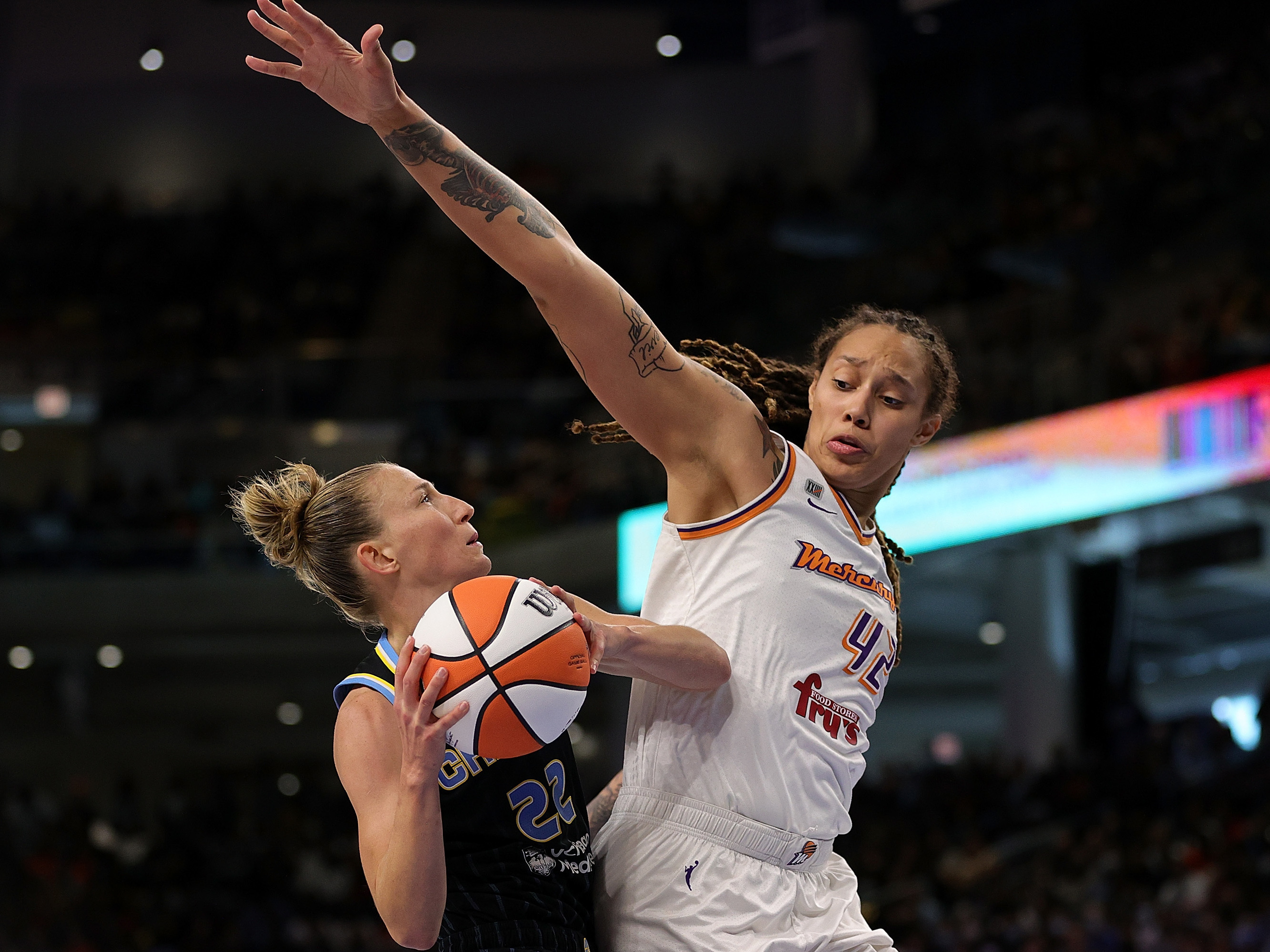 Brittney Griner, pictured blocking Courtney Vandersloot, was arrested upon her arrival at an airport outside of Moscow. Russian officials claim she was transporting hash oil vape cartridges in her luggage - a charge that carries up to 10 years in prison. (Getty Images)