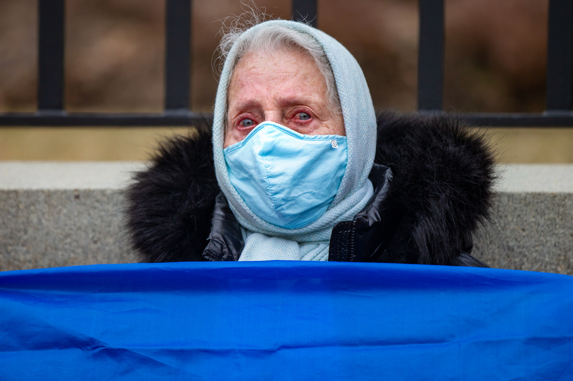 Feb. 24: Rita Shabisnakova's eyes well up with tears at a rally to support Ukraine at the Massachusetts State House. Shabisnakova says she fears for her friends and family still living in Ukraine.