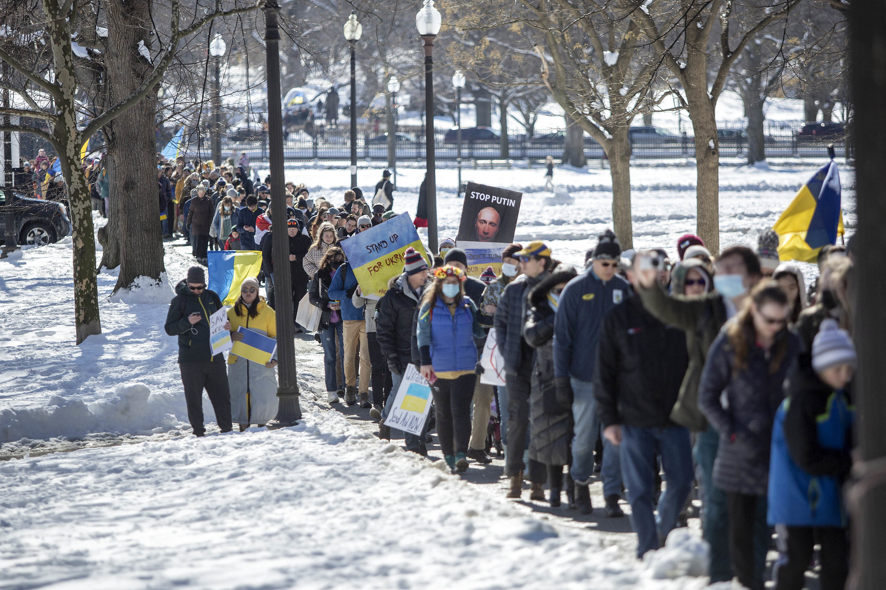 Feb. 27: Demonstrators against the war in Ukraine walked from the Boston Public Garden to the State House.