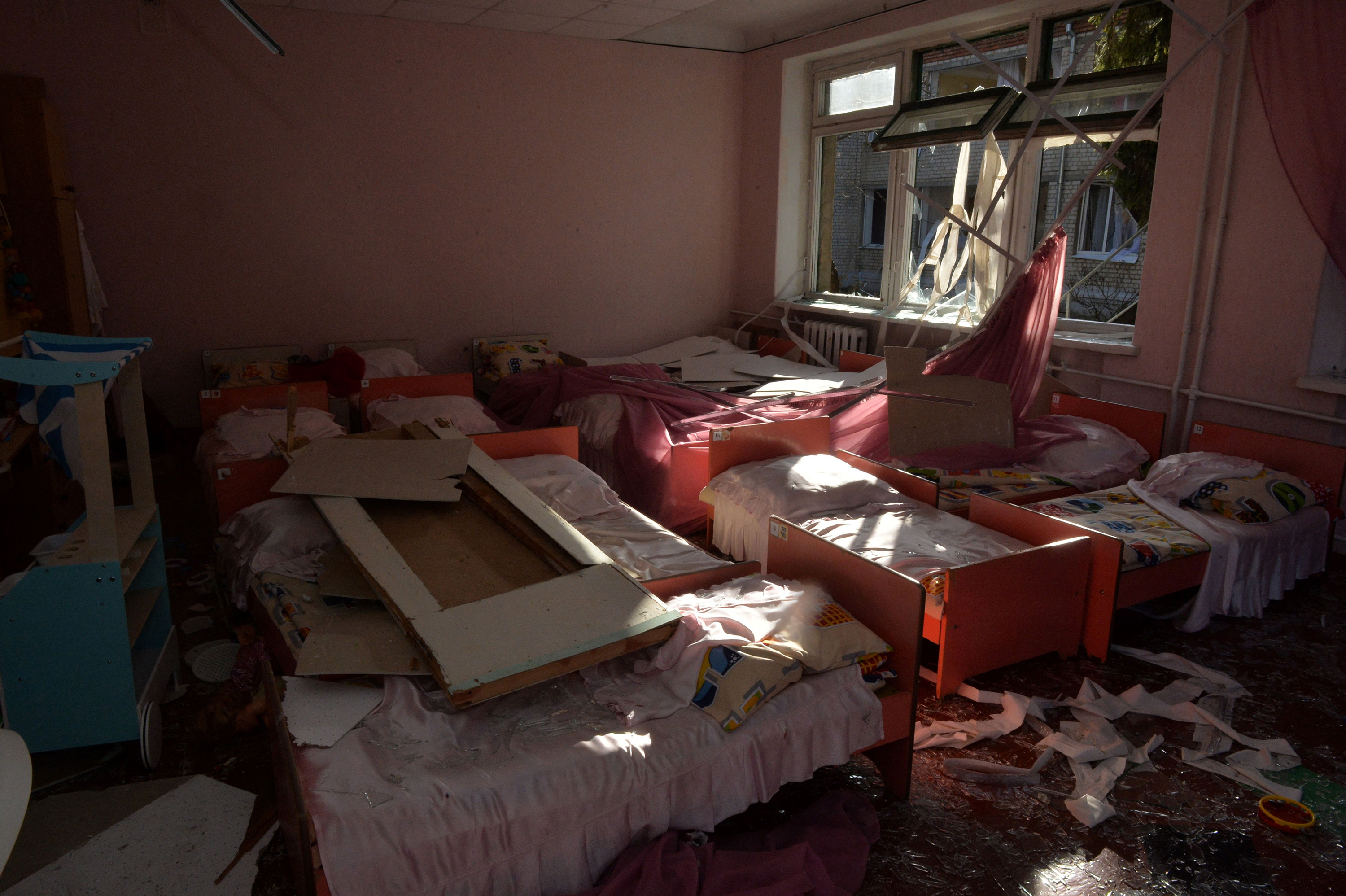 March 23: A sleeping room in a kindergarten damaged by Russian shelling in Kharkiv.