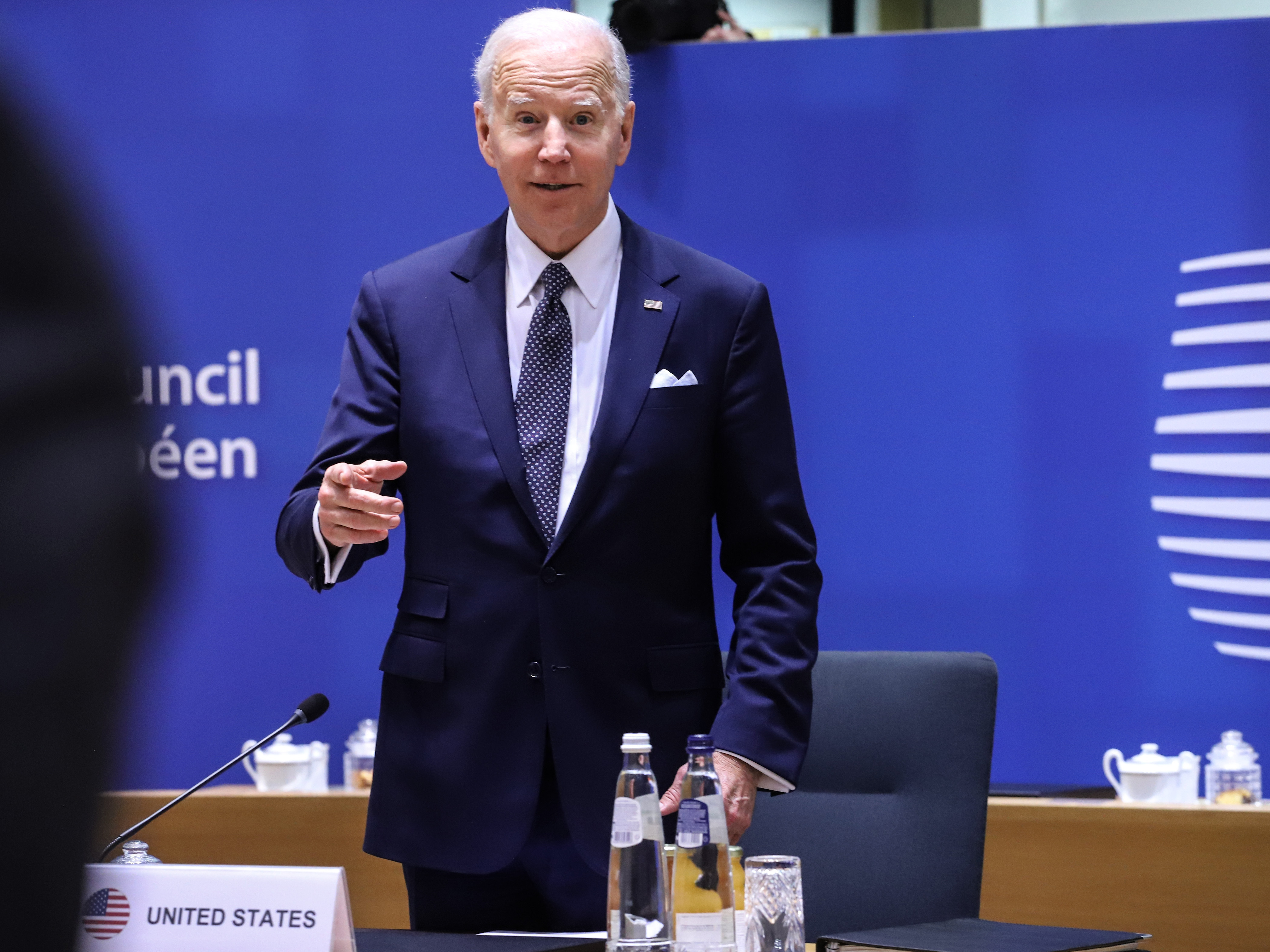 U.S. President Joe Biden attends a European Union leaders summit in Brussels, Belgium. A new NPR/Ipsos poll finds a majority of Americans don't like his response to the war in Ukraine. (Bloomberg via Getty Images)