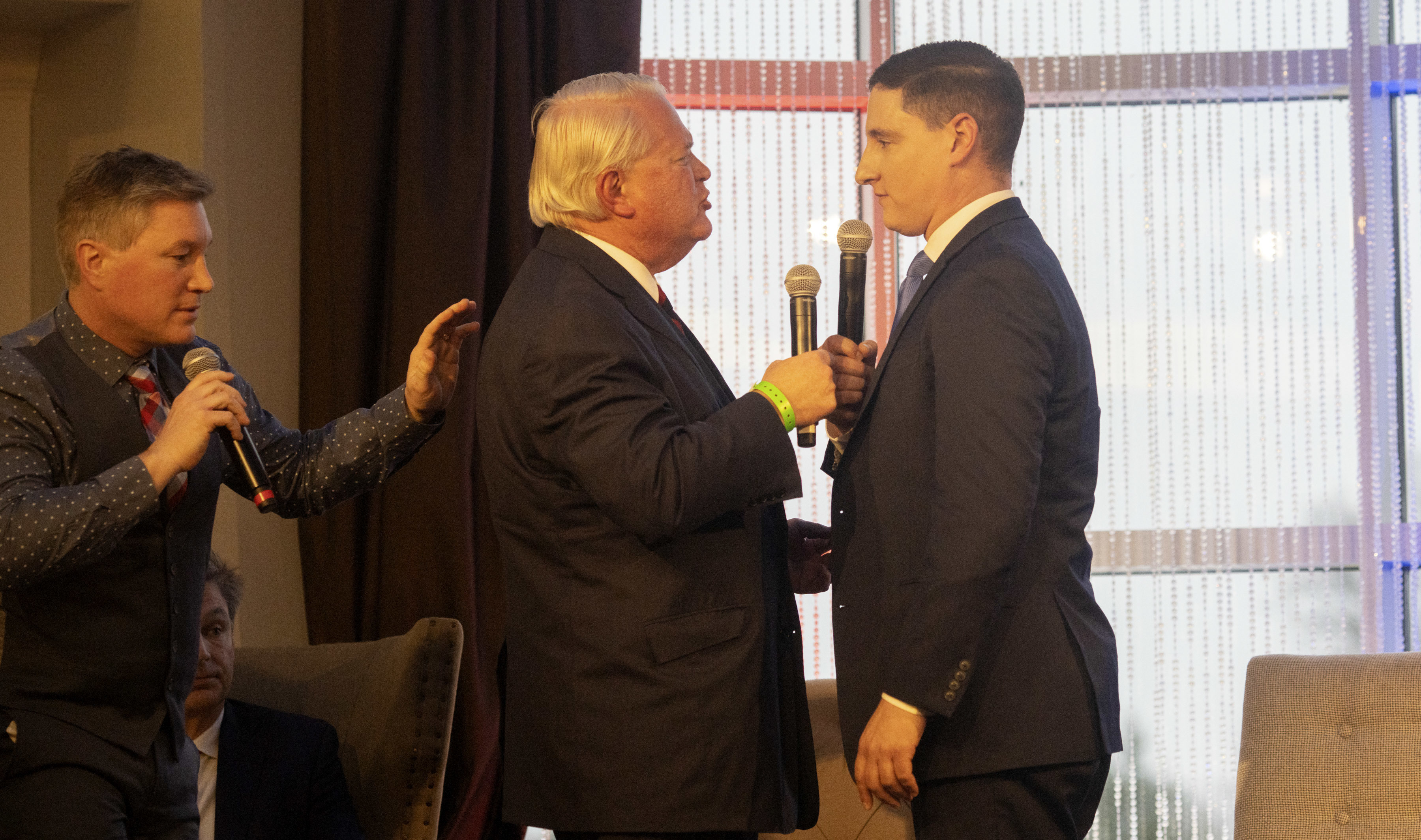 Ohio Republican U.S. Senate candidates Mike Gibbons (left) and Josh Mandel exchange heated words at a forum put on by FreedomWorks on March 18 outside of Columbus. The two have polled atop the contested GOP primary. (Getty Images)
