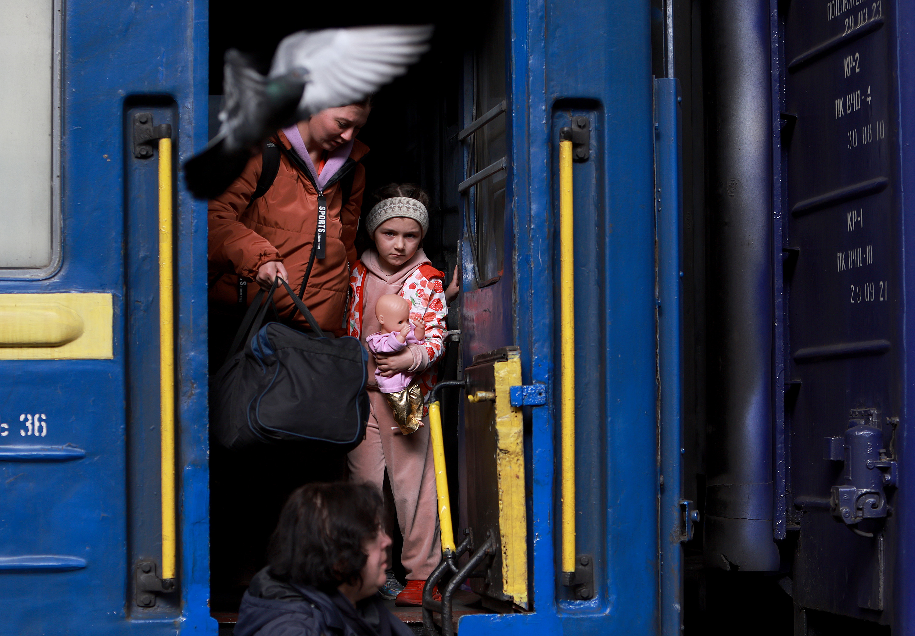 March 25: People arrive at the main train station from the area of Dnipro  in Lviv, Ukraine.