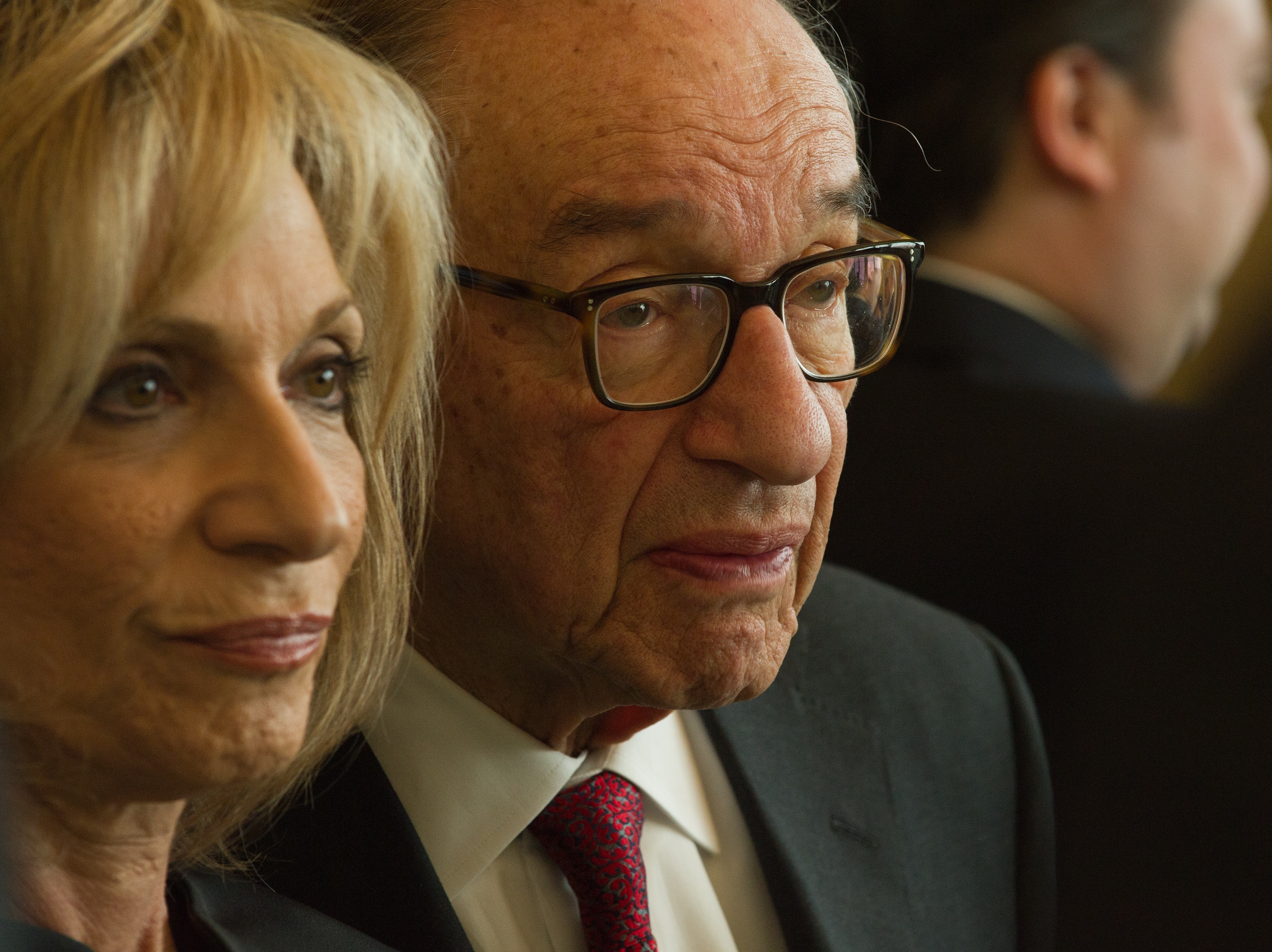 Former Fed Chair Alan Greenspan and his wife television journalist Andrea Mitchell attend a reception with Japanese Prime Minister Yoshihiko Noda at the Japanese embassy in Washington, D.C., on April 29, 2012.