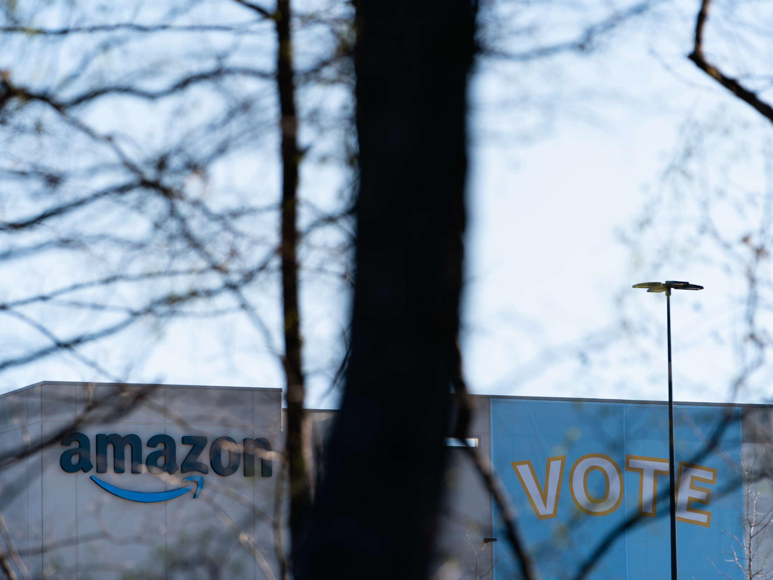 The Amazon fulfillment warehouse at the center of a unionization drive in Bessemer, Alabama. A second union election at the warehouse has concluded, with no winner yet declared. (Getty Images)