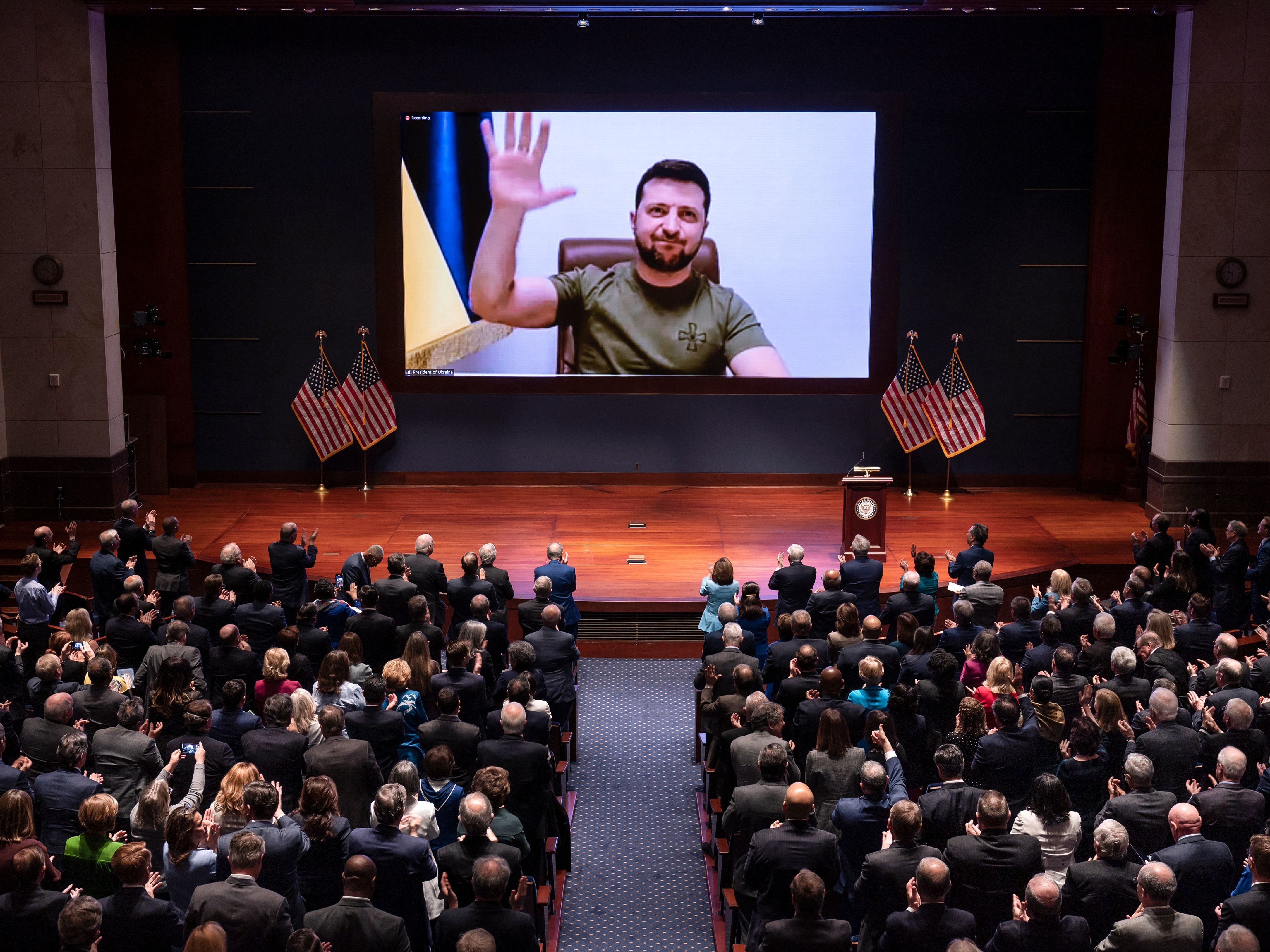 Ukrainian President Volodymyr Zelenskyy addresses the U.S. Congress on March 16, 2022, at the U.S. Capitol in Washington, DC. Since the war began, he has been appealing to world leaders for more support for Ukraine and sanctions on Russia. (Pool/AFP via Getty Images)