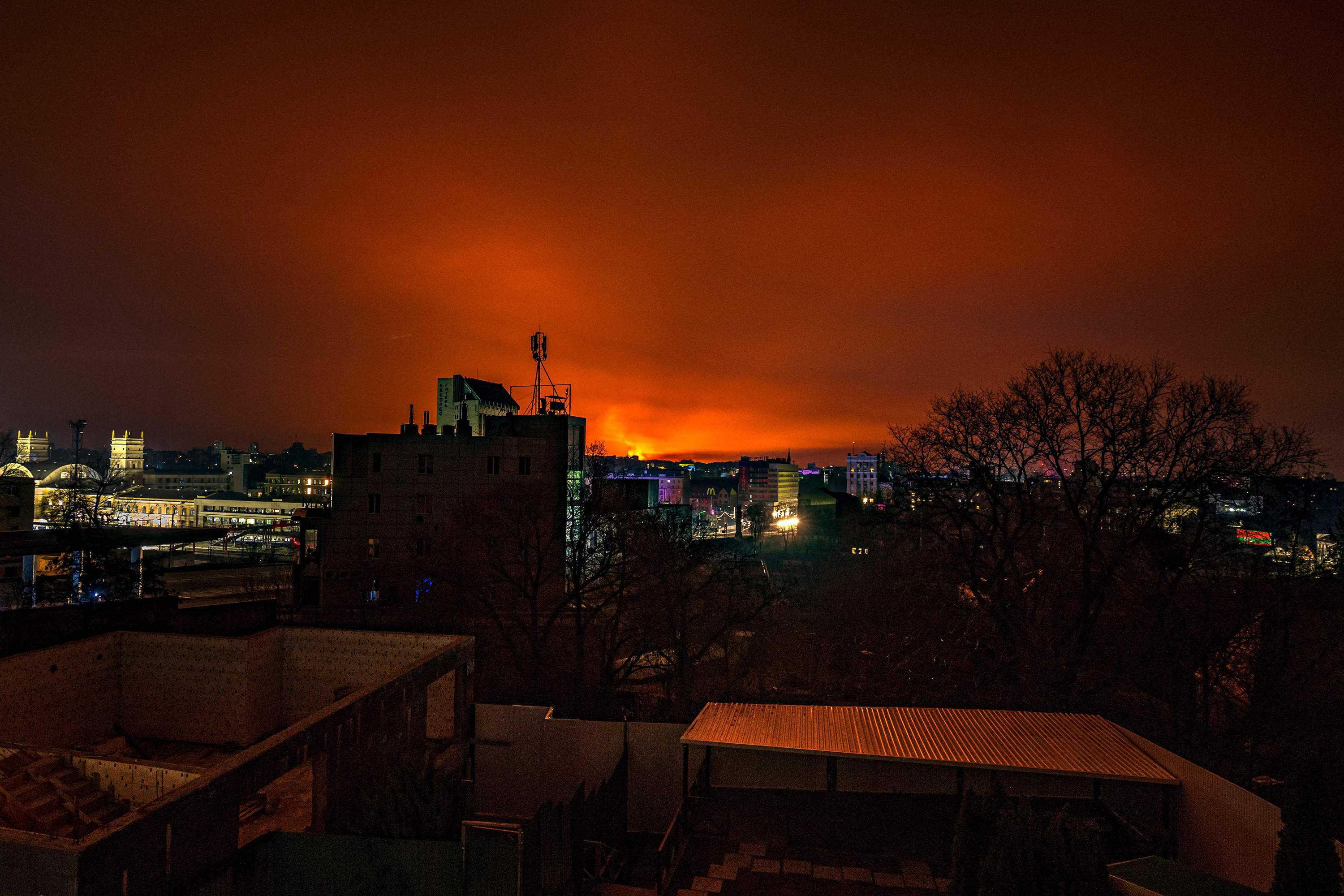 March 30: Fire and smoke light up the sky east of Kharkiv.