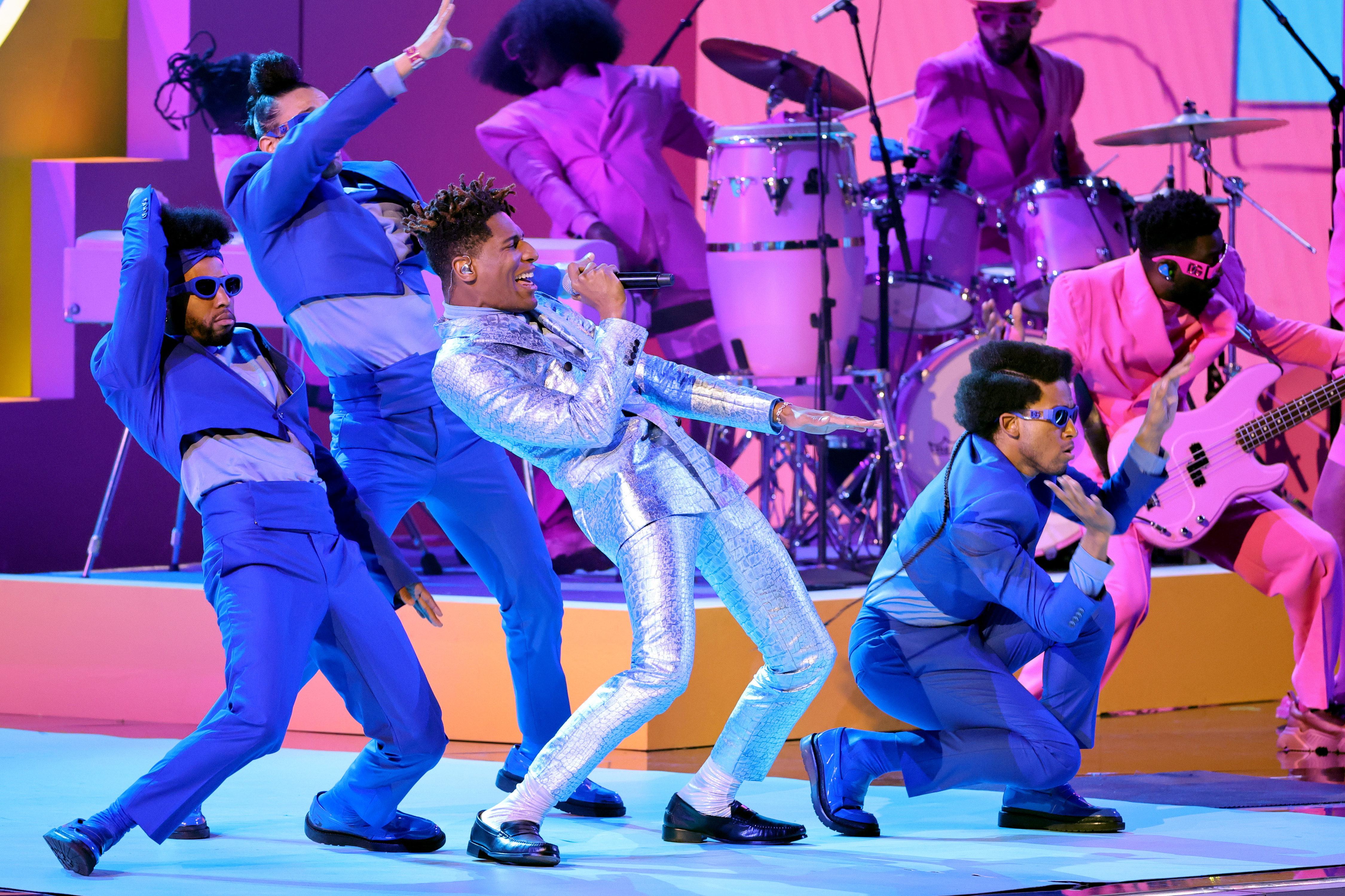 Jon Batiste (center) performs at the 64th annual Grammy Awards on April 3, 2022. Batiste was nominated in 11 categories and took home five prizes, including album of the year. (Getty Images)