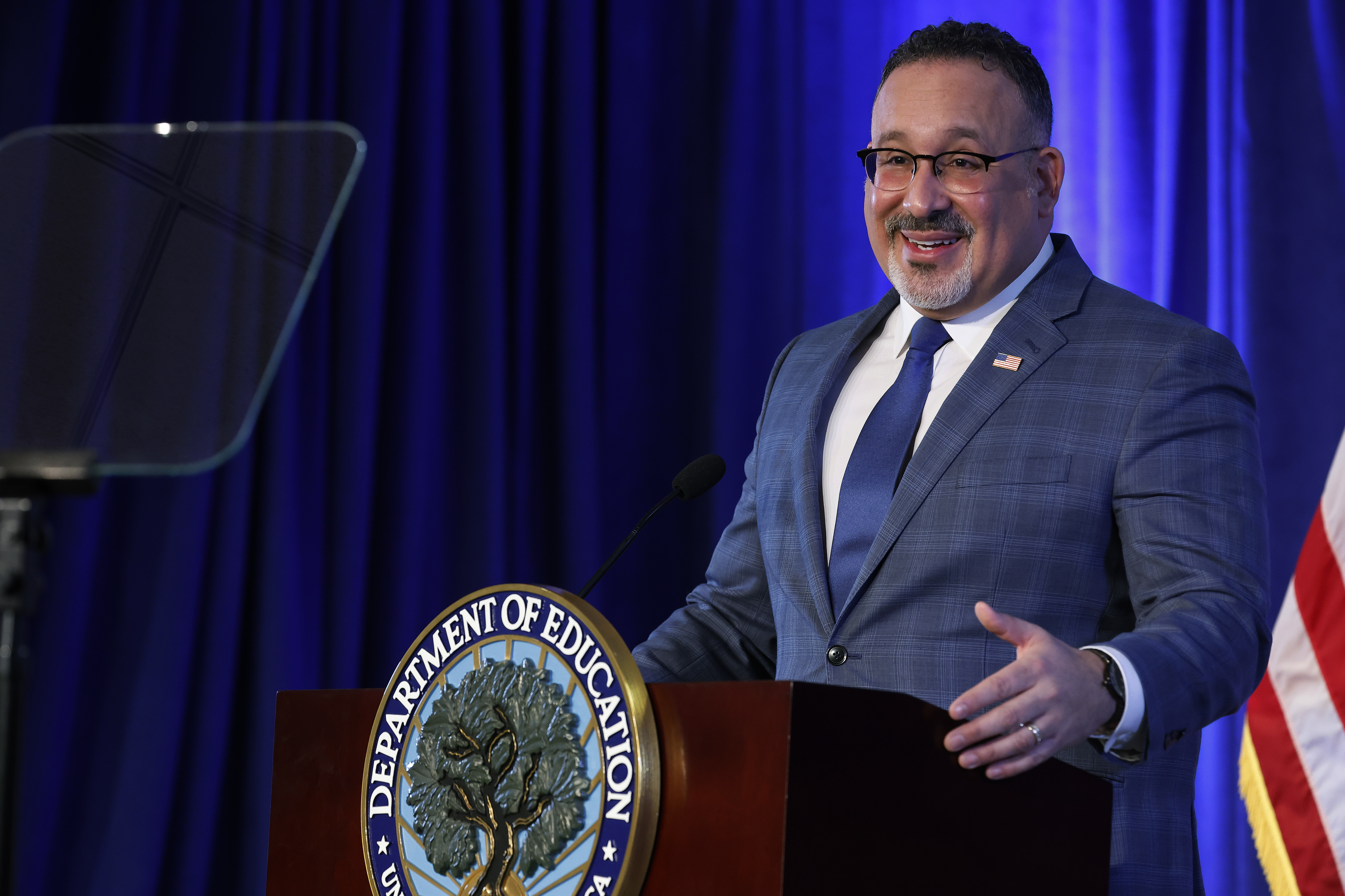 U.S. Education Secretary Miguel Cardona delivers remarks in Washington, D.C., in January. The department has extended the freeze on federal student loan payments several times since the pandemic began in March 2020. (Getty Images)
