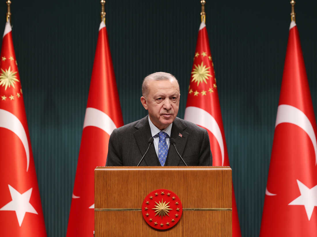 ANKARA, TURKEY- FEBRUAY 28: In this handout from the Turkish Presidential Press Office - President of Turkey, Recep Tayyip Erdogan made a statement after the cabinet meeting with the agenda of Russia and Ukraine on February 28, 2022 in Ankara, Turkey. (Photo by Presidential Press Office via dia images via Getty Images)