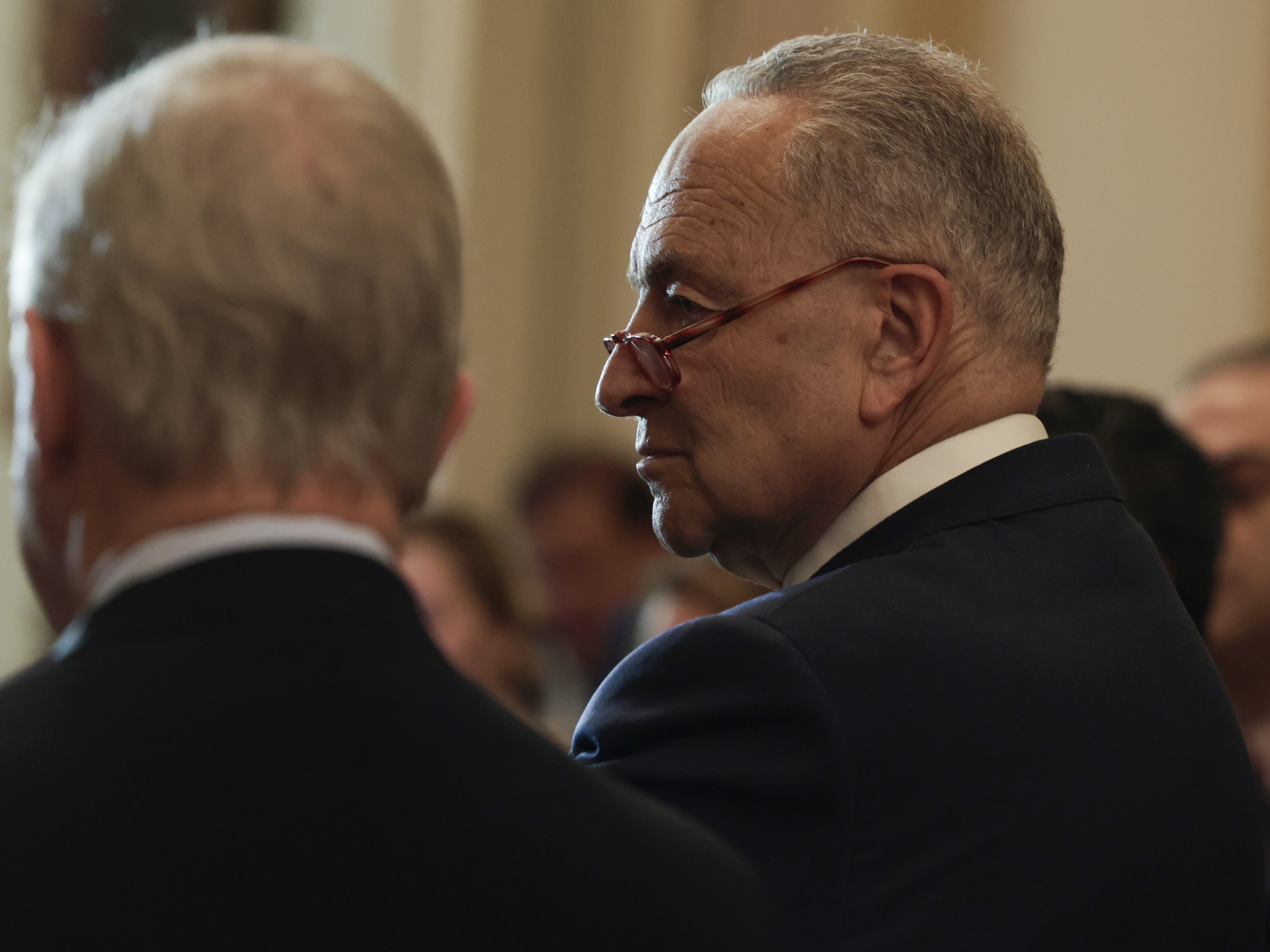Senate Majority Leader Chuck Schumer, D-N.Y., listens during a news conference following the weekly Senate Democratic policy luncheon at the U.S. Capitol on Tuesday. (Getty Images)