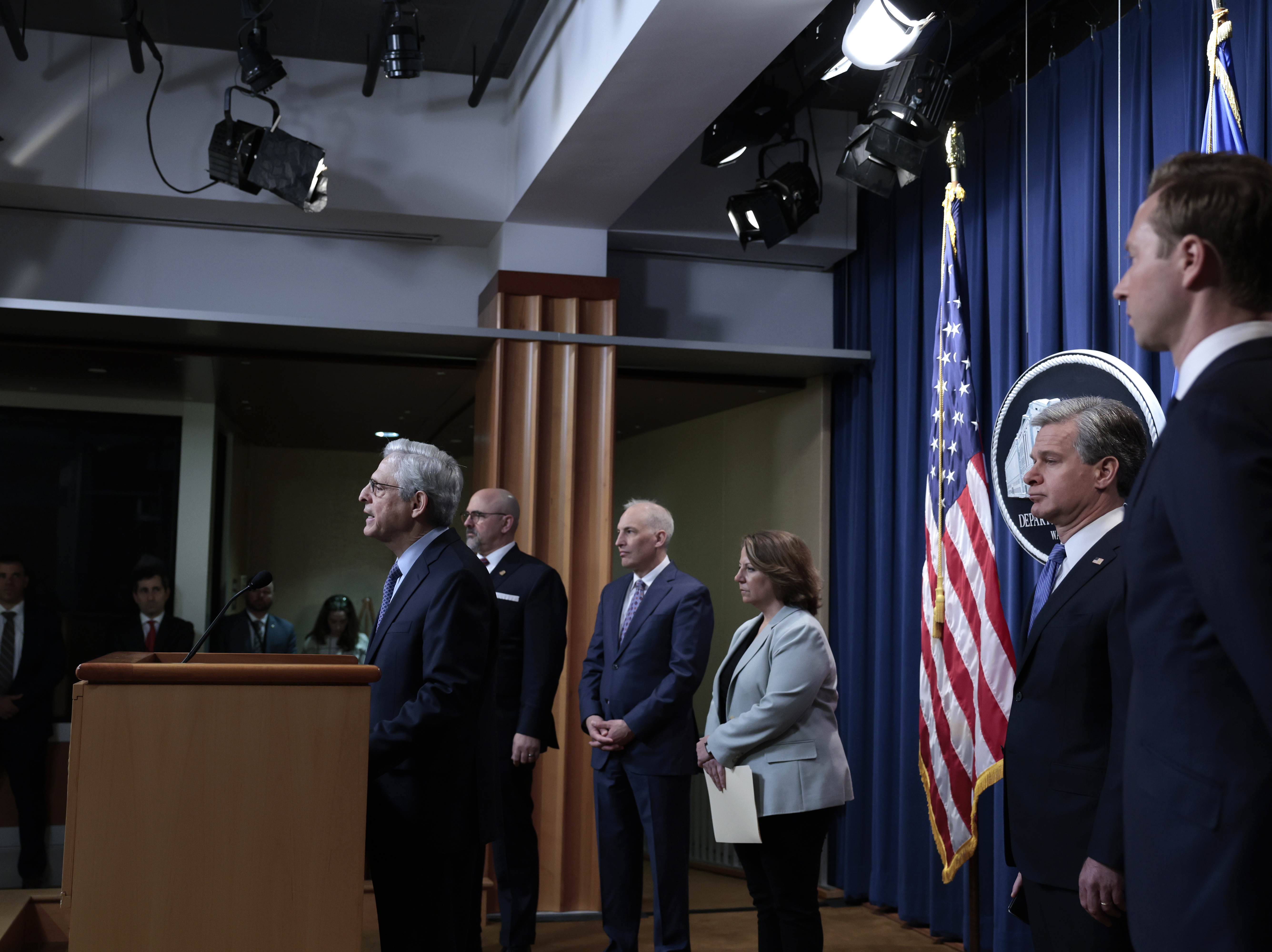 U.S. Attorney General Merrick Garland speaks during a press conference at the U.S. Justice Department on April 06, 2022 in Washington, DC. He tested positive for COVID-19 within hours of making remarks. (Getty Images)