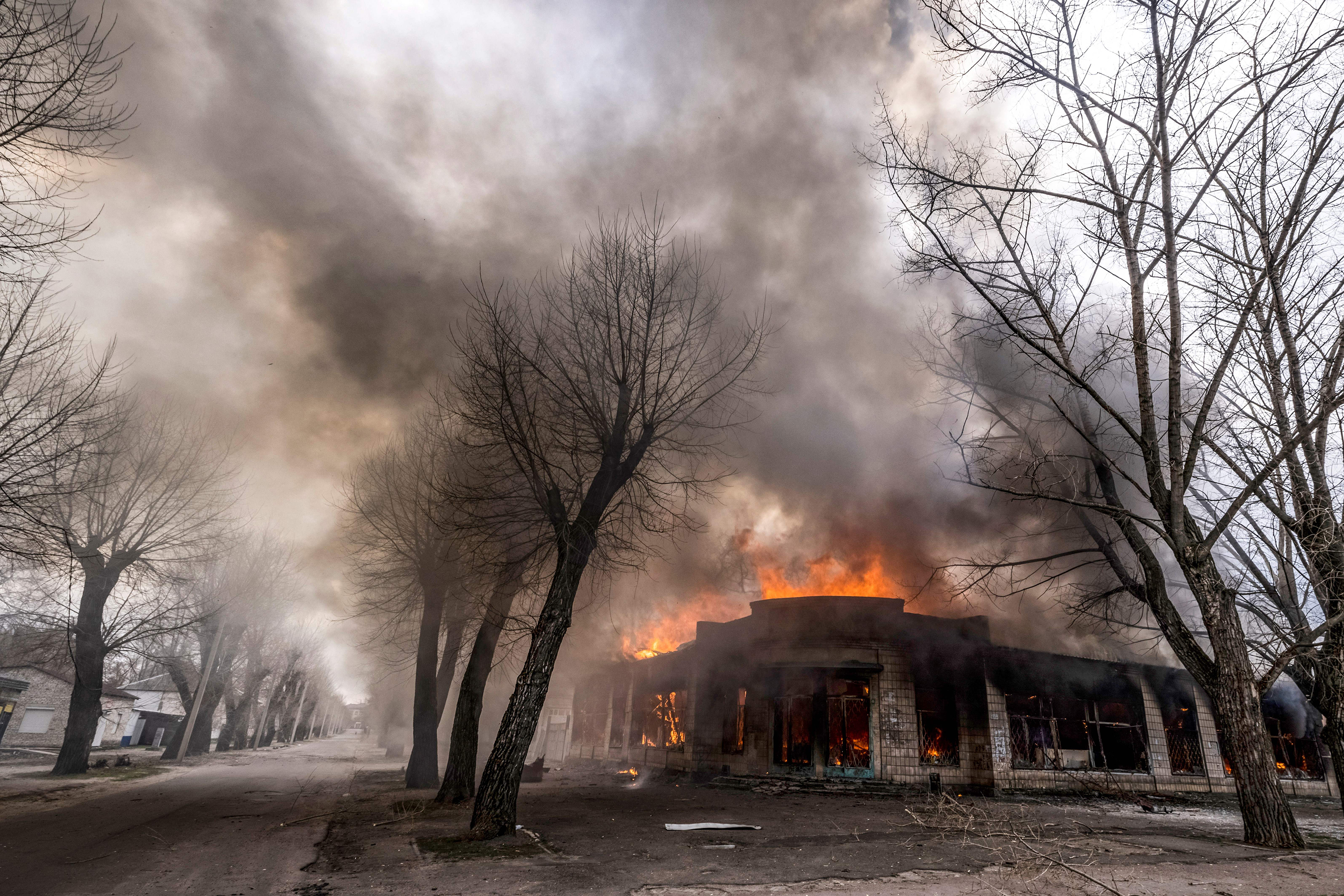 April 6: A shelled home burns in Severodonetsk, in the Donbas region in eastern Ukraine, as Ukrainian officials urge residents in the east to evacuate or "risk death" ahead of a feared ramping up of Russian activity in the area, which Moscow has declared its top prize.