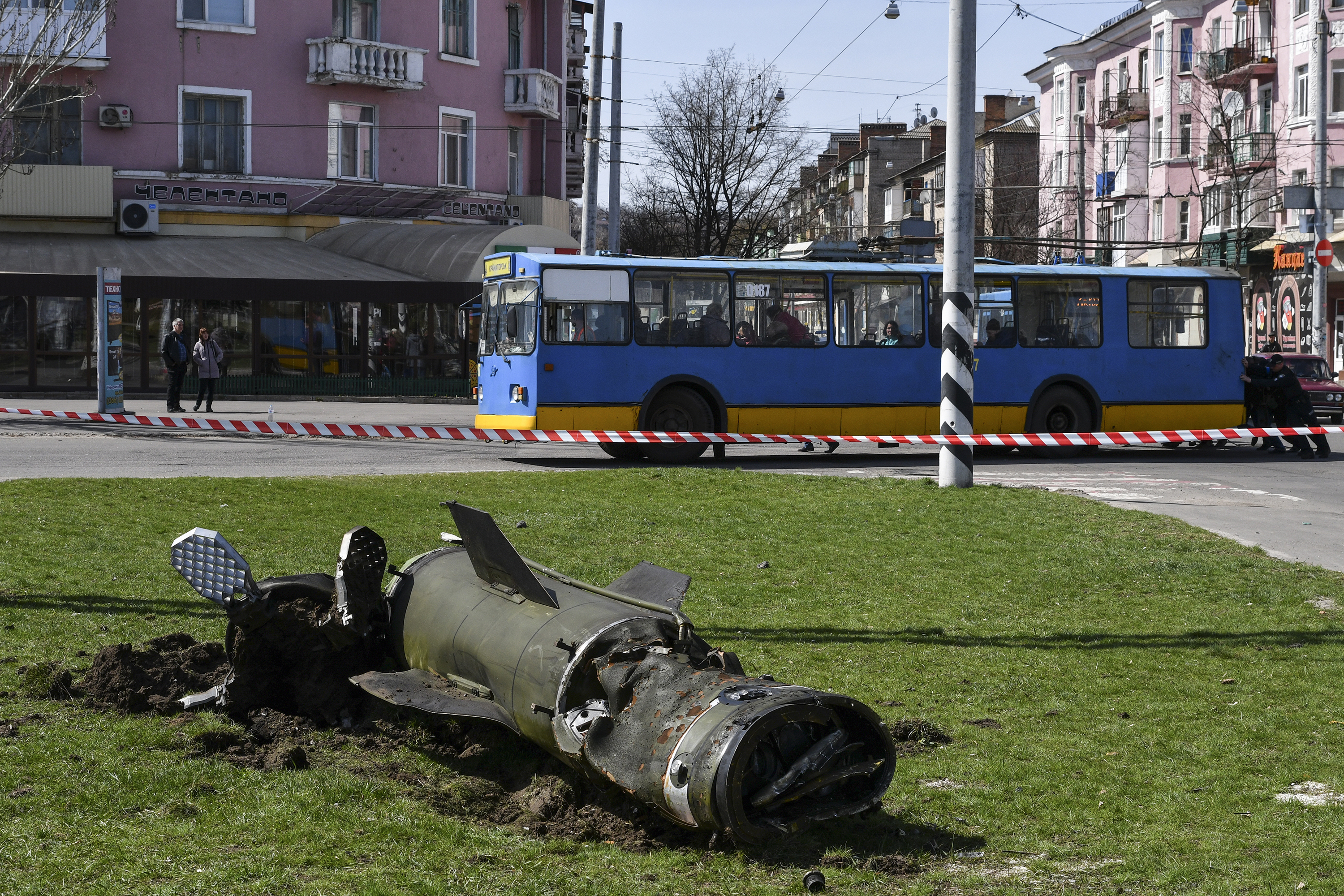 April 8: A fragment of a Tochka-U missile lies on the ground following an attack on a railway station in Kramatorsk, in eastern Ukraine. A missile hit the crowded station that was serving as an evacuation point for civilians fleeing the war. Officials said Friday 50 people had been killed — five of them children — and nearly 100 more were injured in the strike.