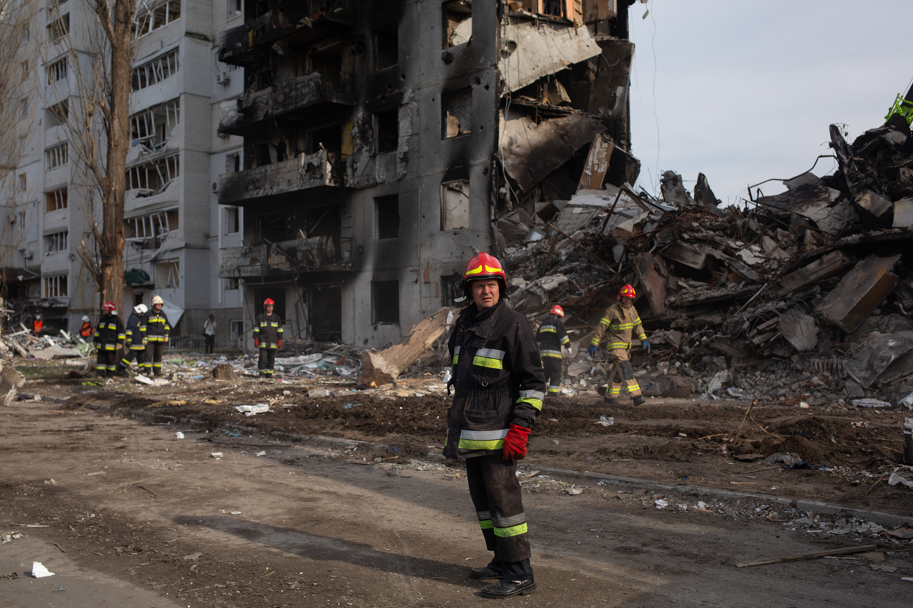 April 7: Rescue workers remove rubble from a residential area in Borodianka, near Kyiv. The Russian retreat from towns near Kyiv revealed scores of civilian deaths and the full extent of devastation from Russia's failed attempt to seize the capital.