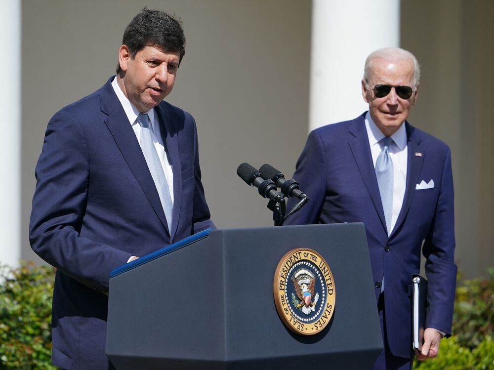 President Biden listens as Steve Dettelbach, nominee for director of the Bureau of Alcohol, Tobacco, Firearms and Explosives, speaks on measures to combat gun crime from the Rose Garden of the White House in Washington on April 11, 2022. (AFP via Getty Images)