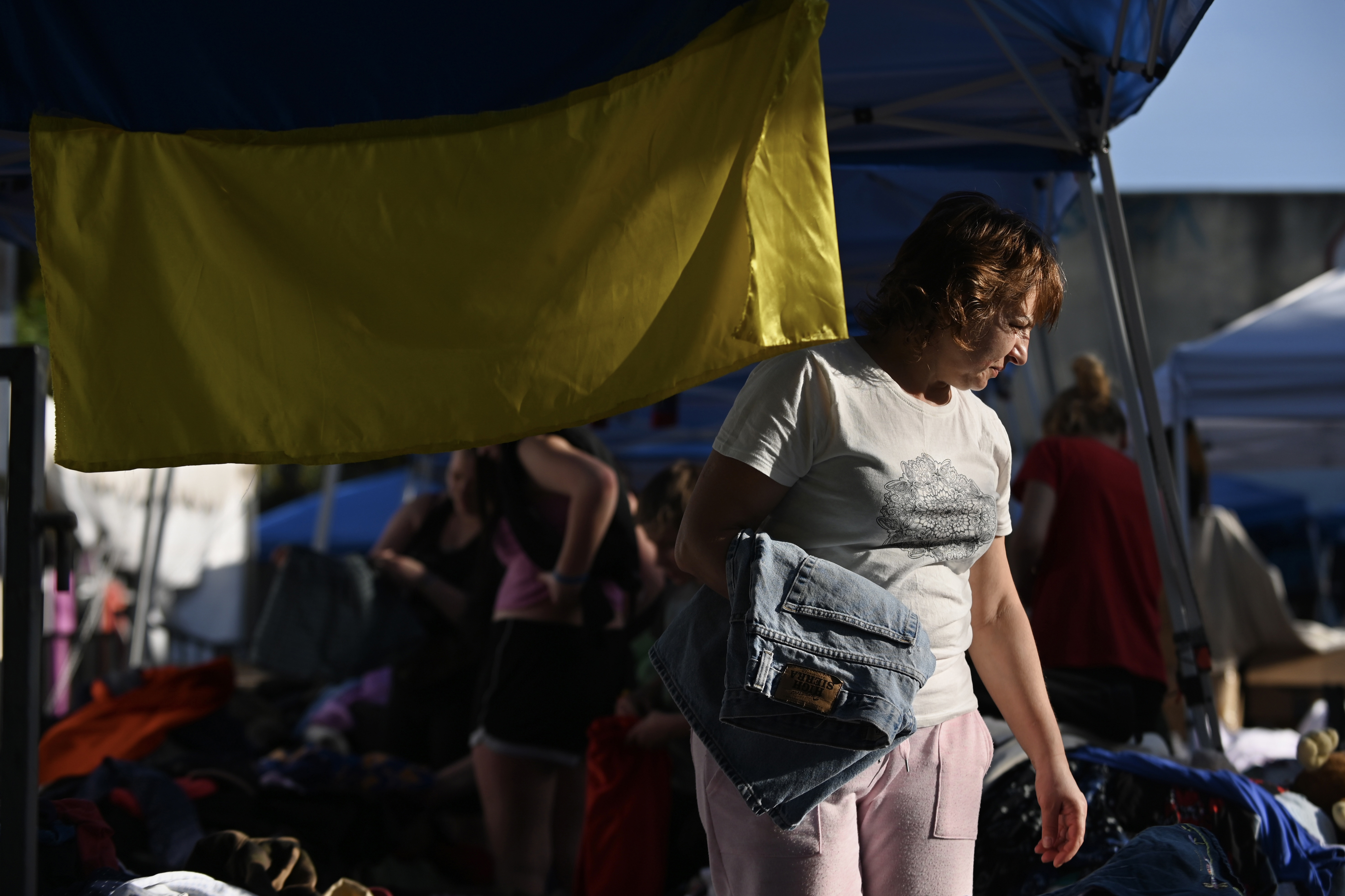 A makeshift shelter for Ukrainians in Tijuana, Mexico. Thousands who fled the war have been arriving here and waiting to be admitted by border agents into the United States. (Carlos A. Moreno for NPR)