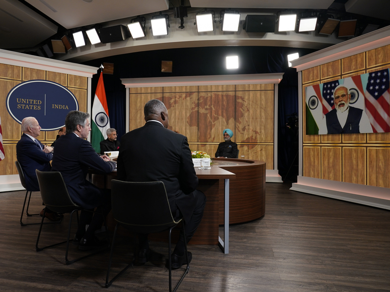 President Biden meets virtually with Indian Prime Minister Narendra Modi in the South Court Auditorium on the White House campus in Washington on Monday. (Carolyn Kaster/AP)