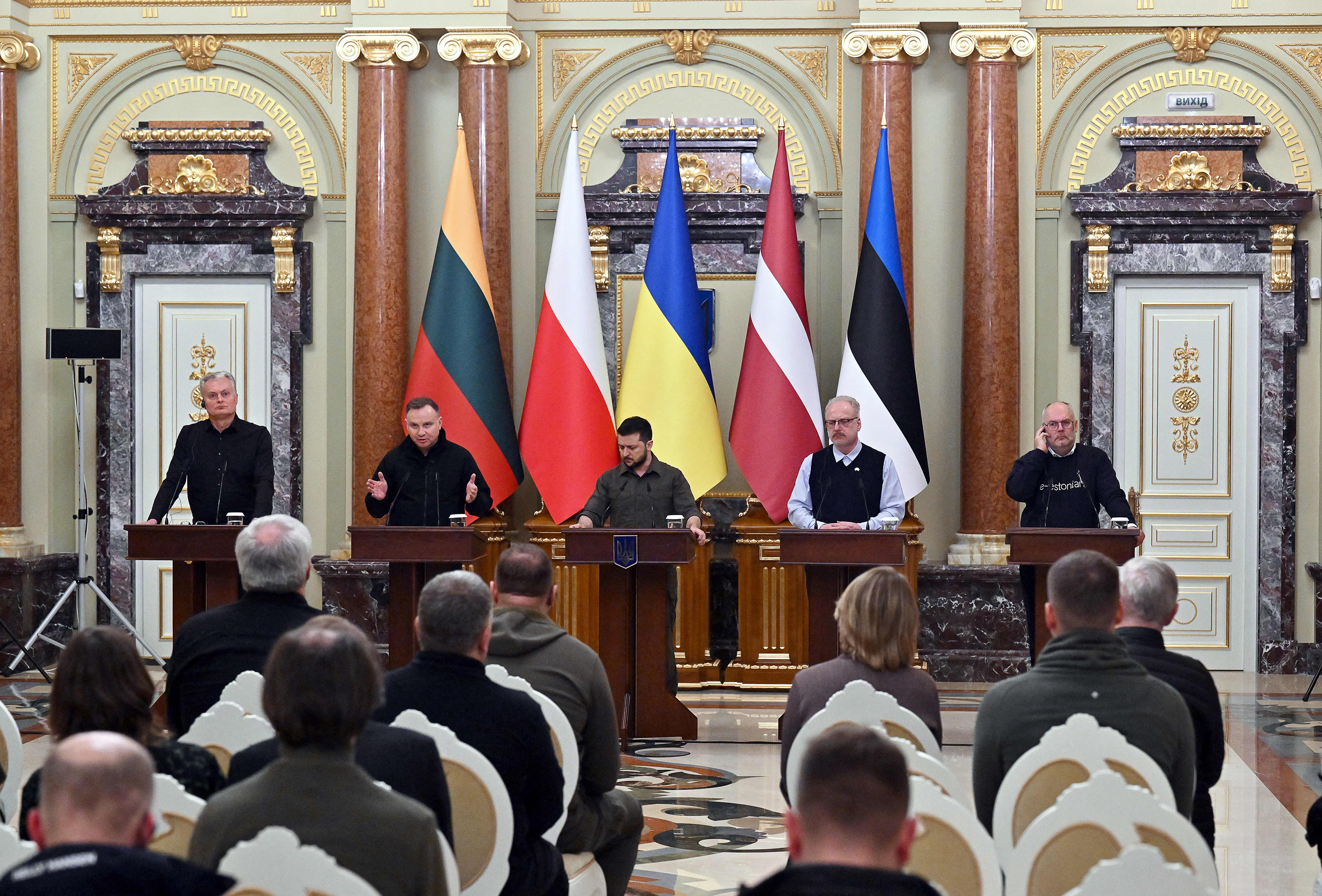 April 13: From left, Gitanas Nauseda, the president of Lithuania; Andrzej Duda, the president of Poland; Volodymyr Zelenskyy, the president of Ukraine; Egils Levits, the president of Latvia; and Alar Karis, the president of Estonia; hold a press conference following talks in Kyiv.