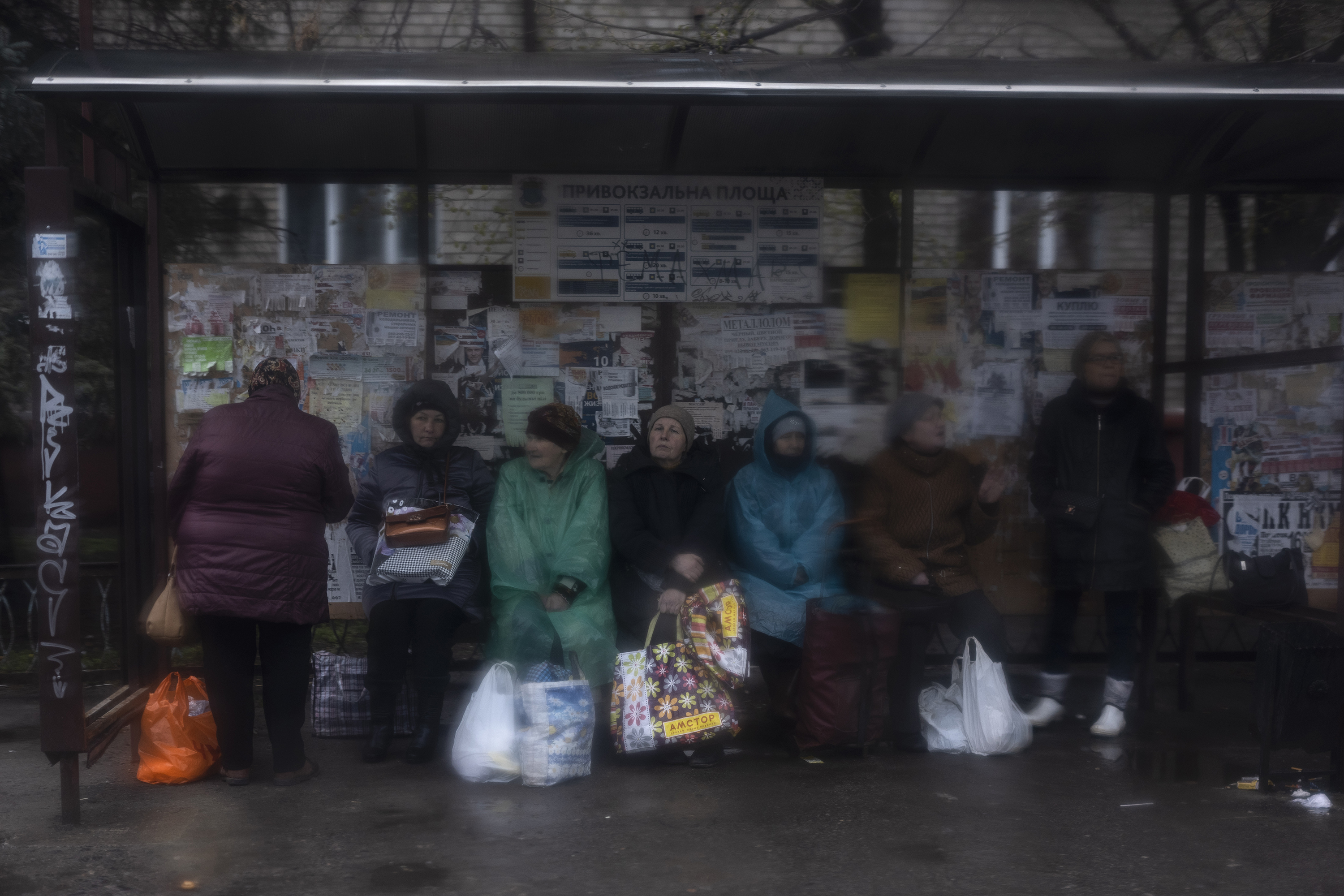 April 14: Women wait at a bus station in Kramatorsk, Ukraine.