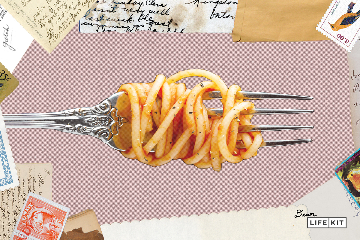Close up photograph of spaghetti noodles with sauce wrapped around fork. The image is cut out and put against a light pink backdrop with collaged letters surrounding it.