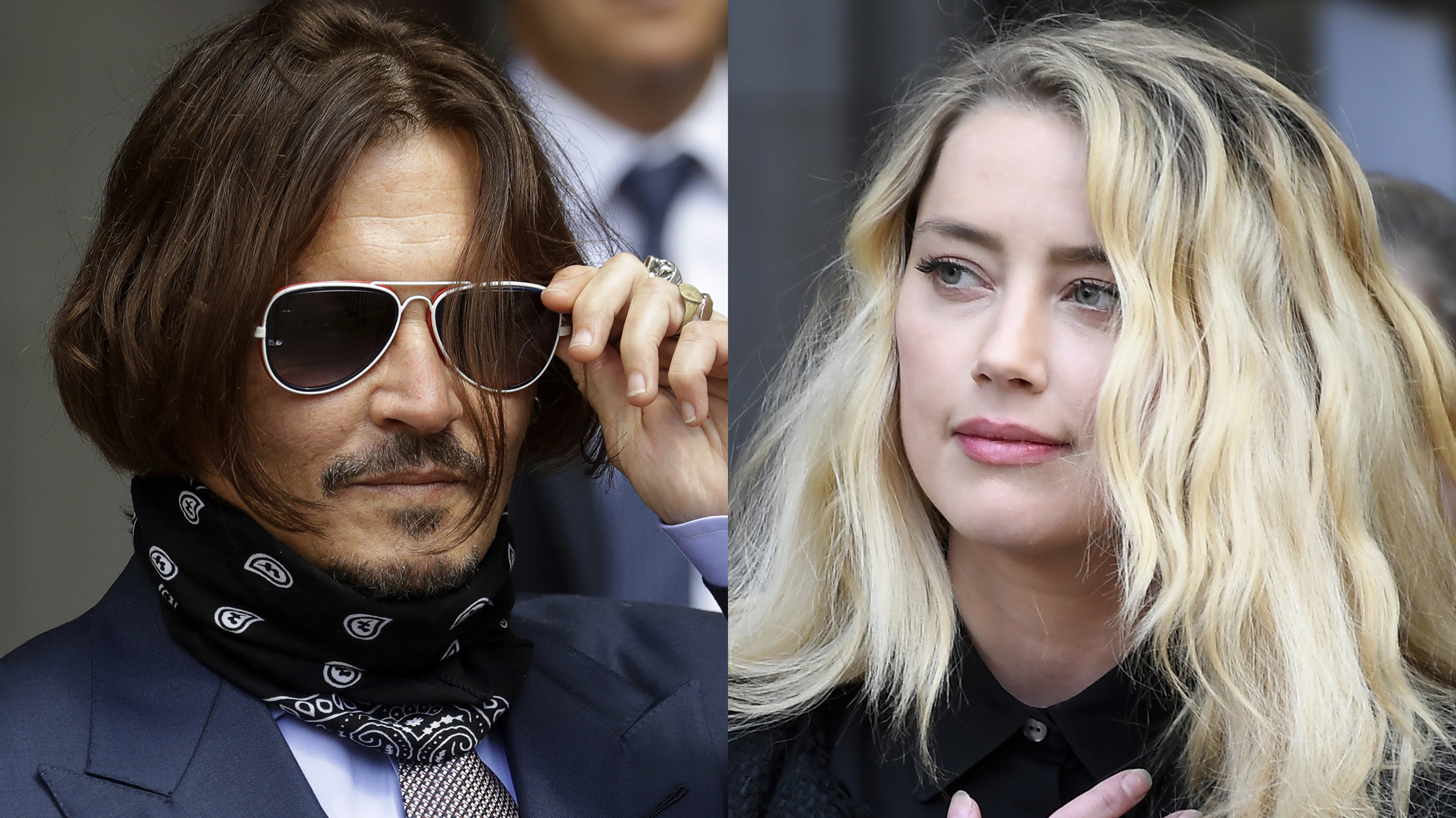 Johnny Depp appears at the High Court in London, on July 17, 2020, left, and Amber Heard appears outside the High Court in London on July 28, 2020. Depp sued Heard for libel in Virginia after The Washington Post published her opinion piece. Depp