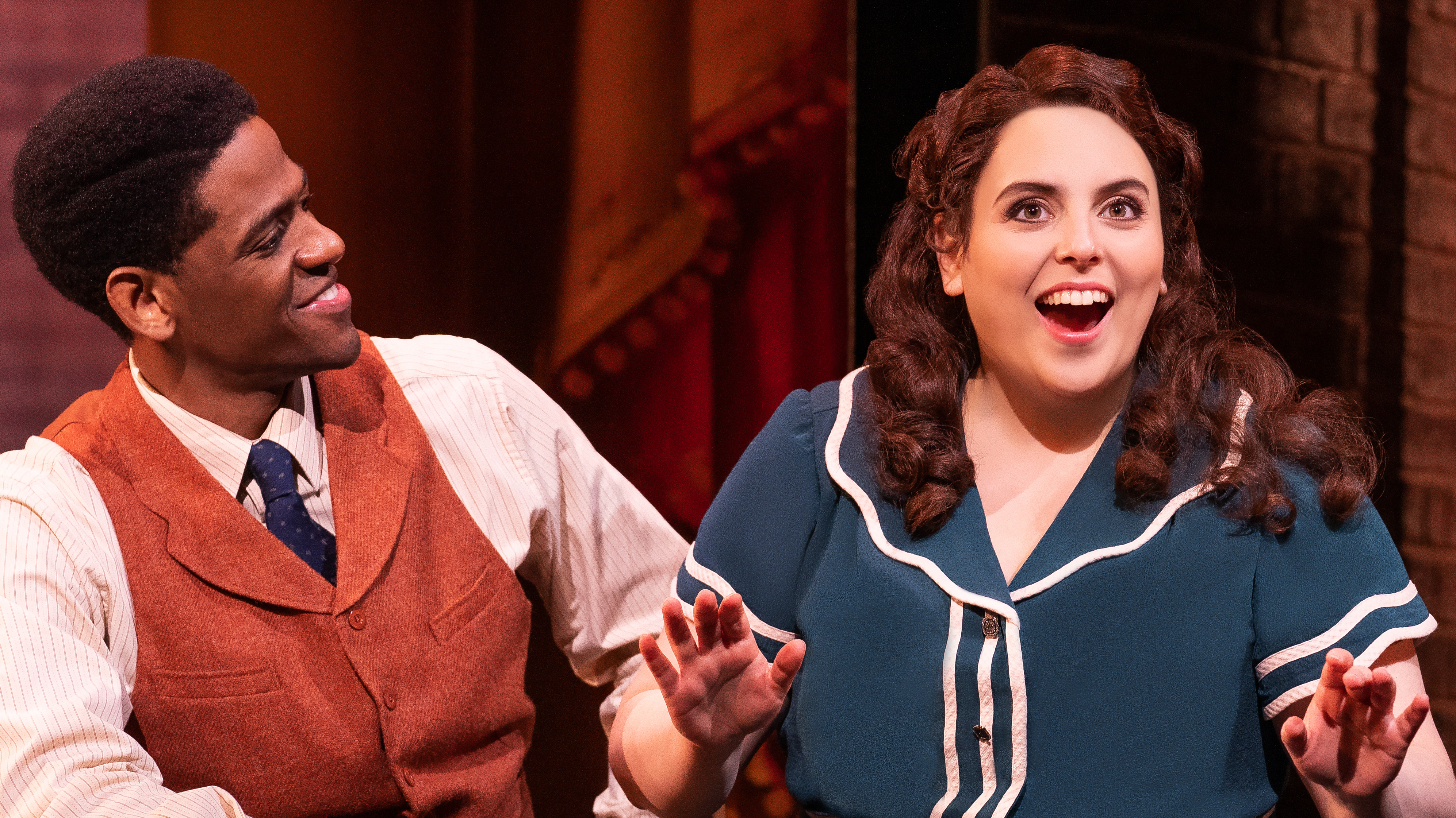 Jared Grimes (l) as Eddie Ryan and Beanie Feldstein as Fanny Brice in Funny Girl