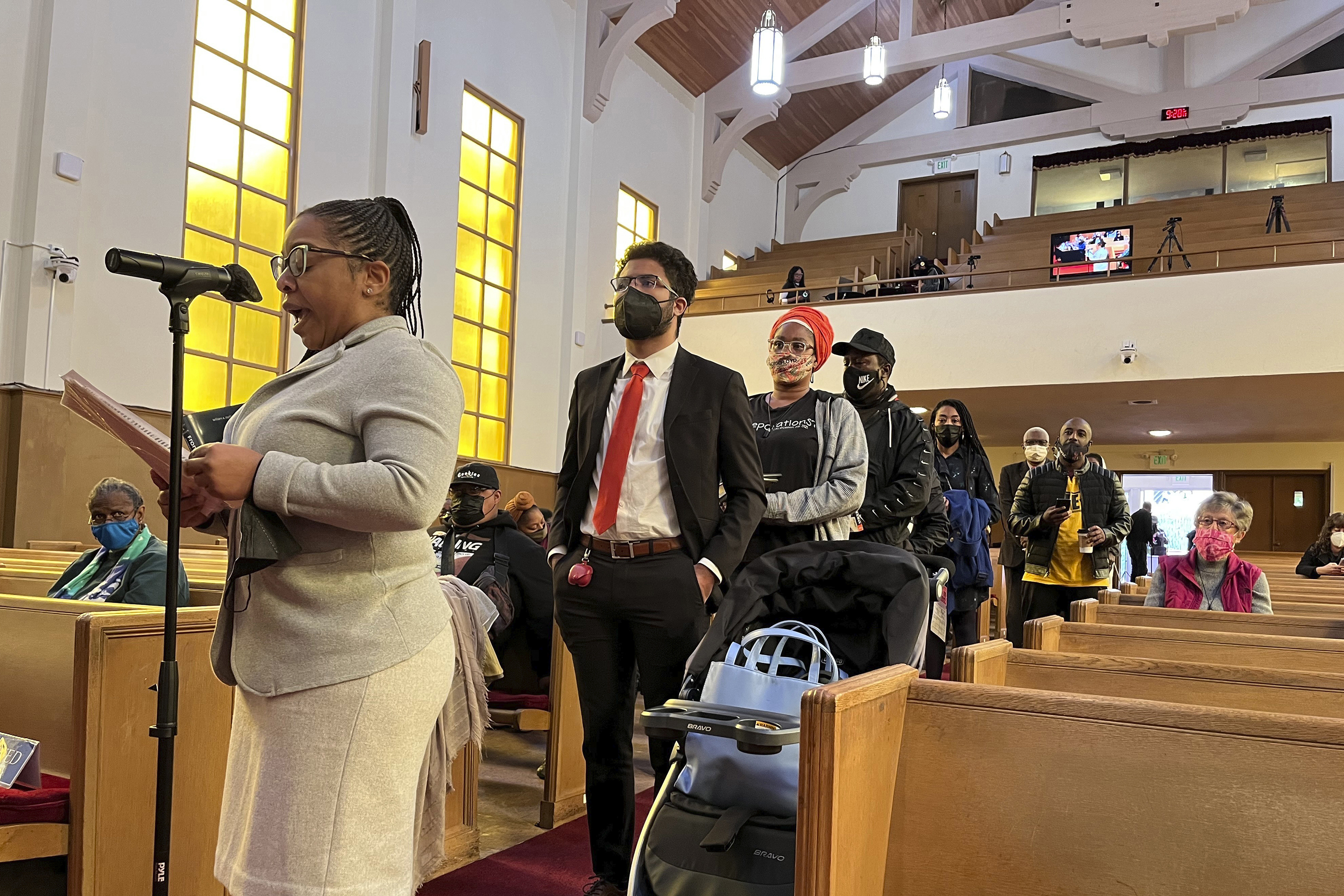 People line up to speak during a reparations task force meeting at Third Baptist Church in San Francisco, Wednesday, April 13, 2022. (AP)