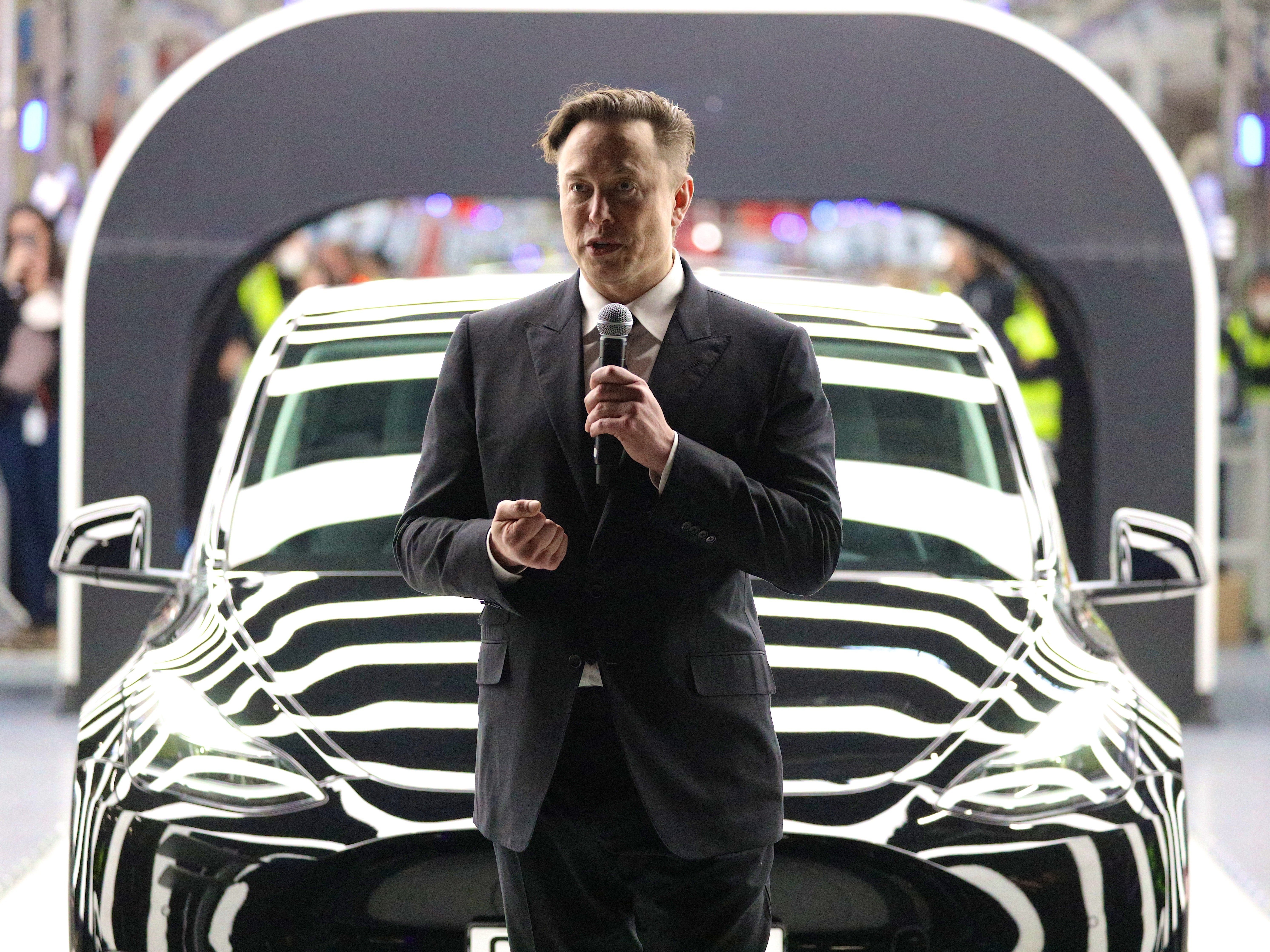 Tesla CEO Elon Musk speaks during the official opening of the new Tesla electric car manufacturing plant on March 22, 2022 near Gruenheide, Germany. (Getty Images)
