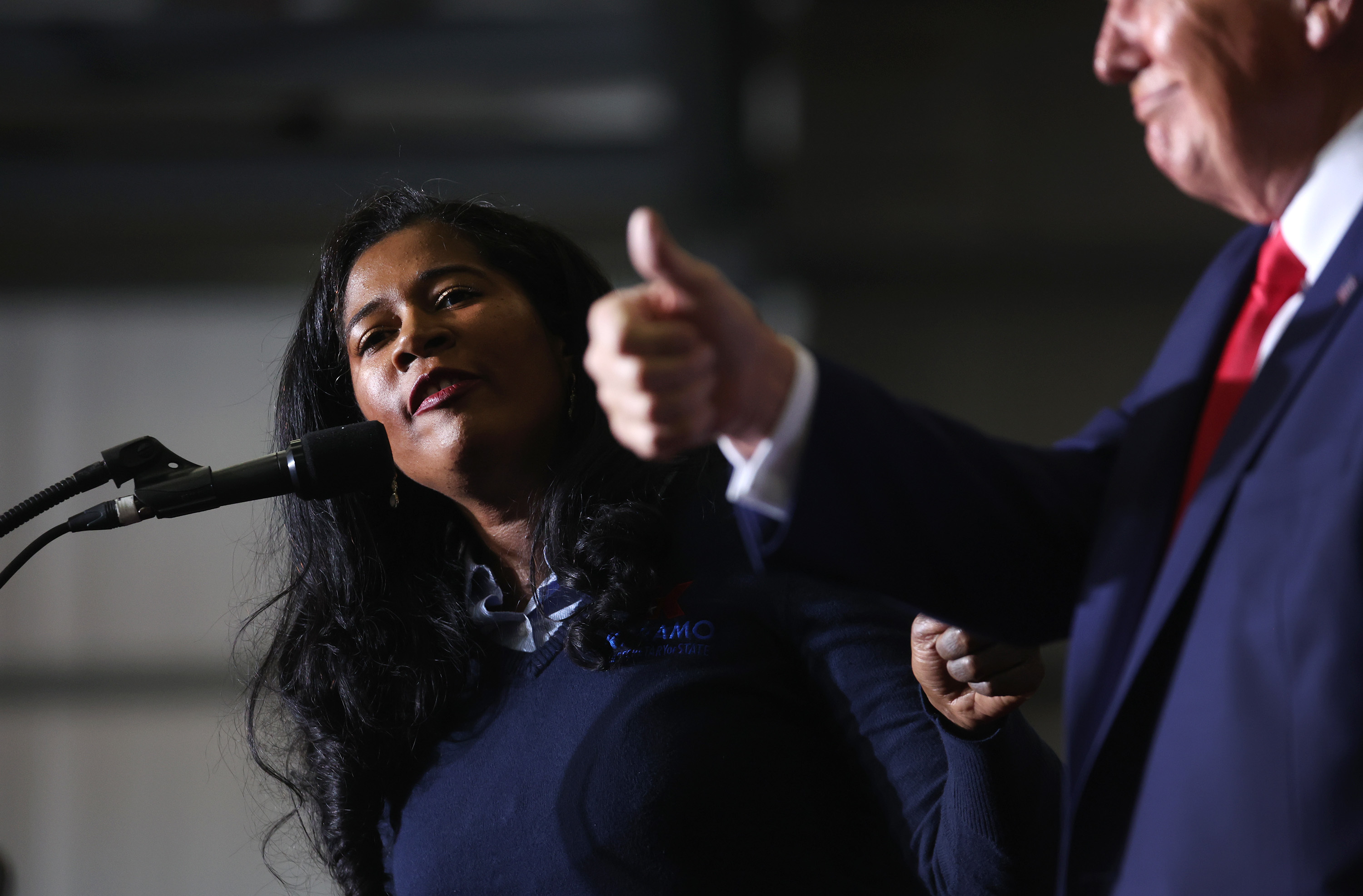 Kristina Karamo, who is headed toward becoming the Republican nominee for secretary of state in Michigan, gets an endorsement from Trump during his April 2 rally. (Getty Images)